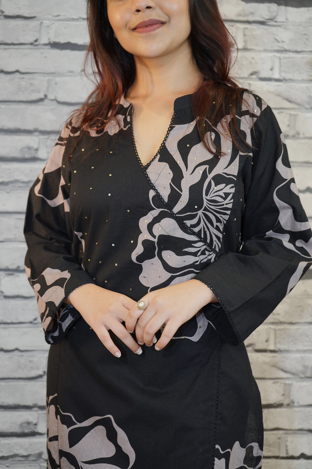 Black Cotton Printed One Piece Dress, Indo-Western Style