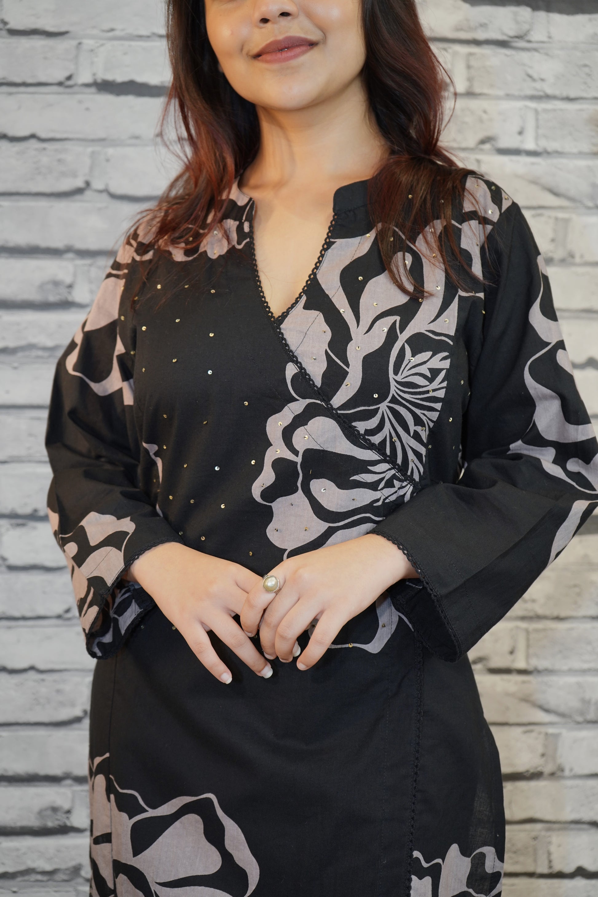 Black Cotton Printed One Piece Dress, Indo-Western Style