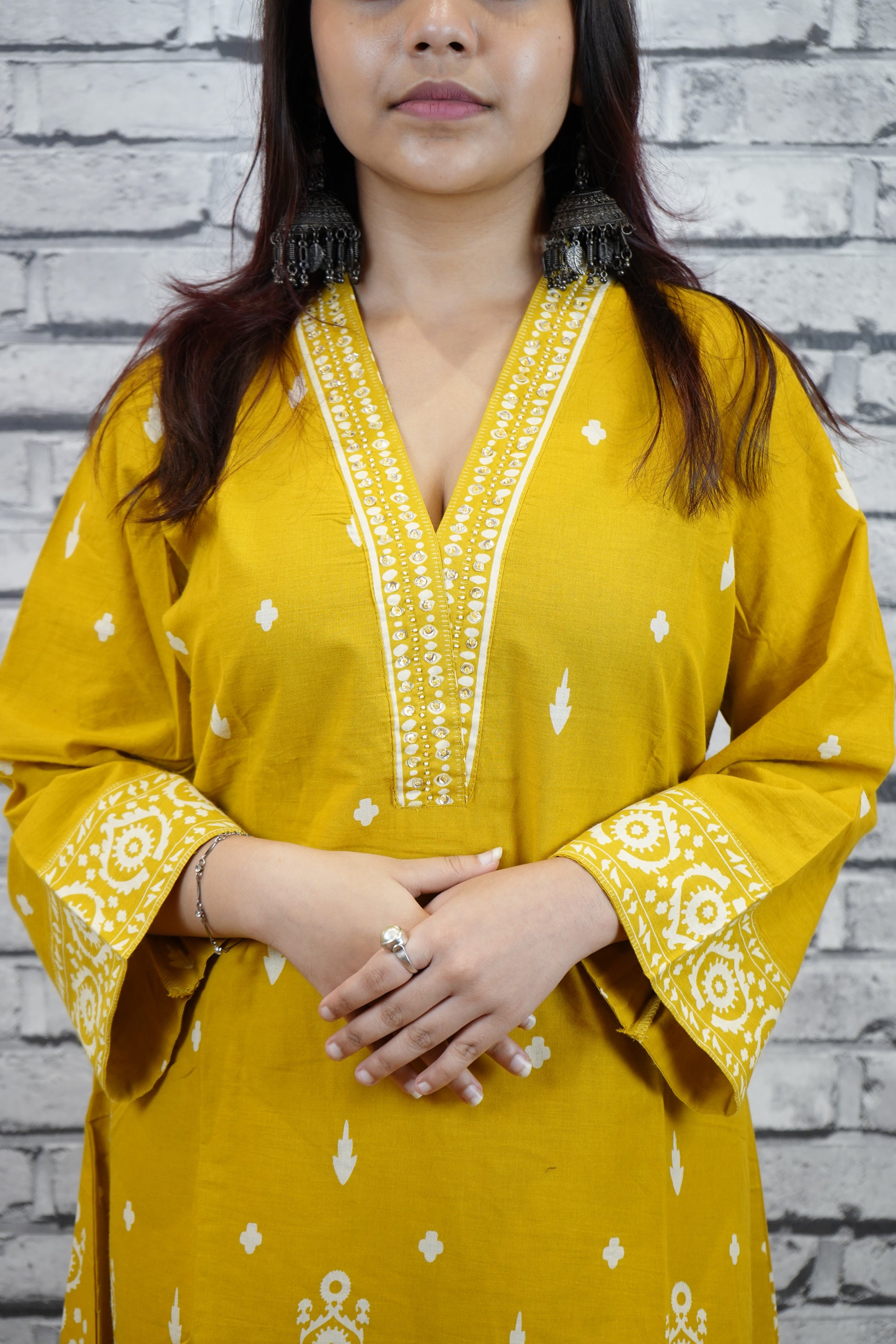 Mustard Yellow Cotton Printed Suit Set, Casual Ethnic Wear