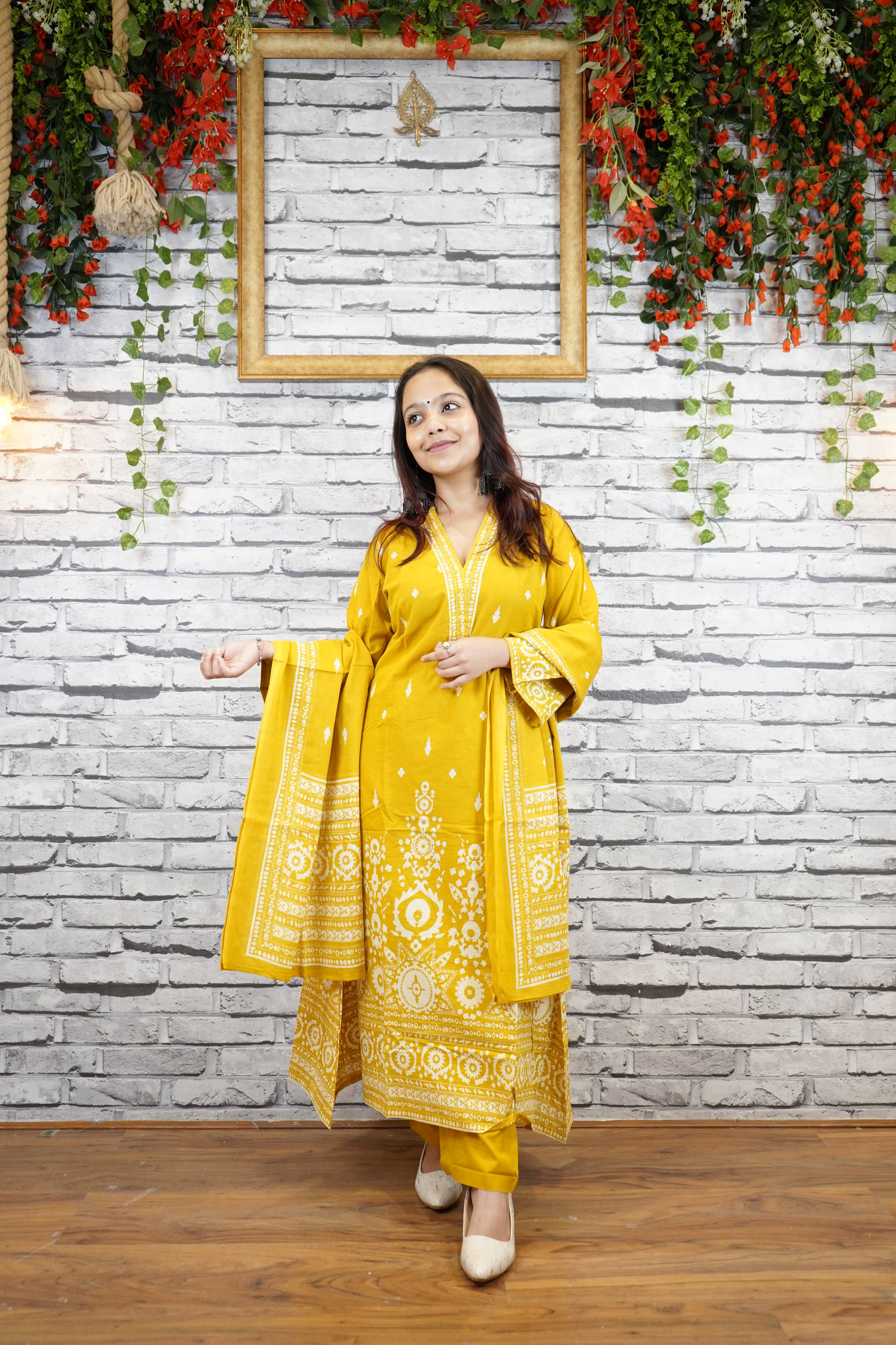 Mustard Yellow Cotton Printed Suit Set, Casual Ethnic Wear