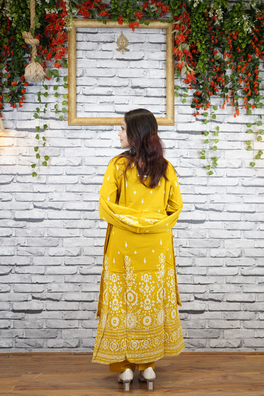 Mustard Yellow Cotton Printed Suit Set, Casual Ethnic Wear