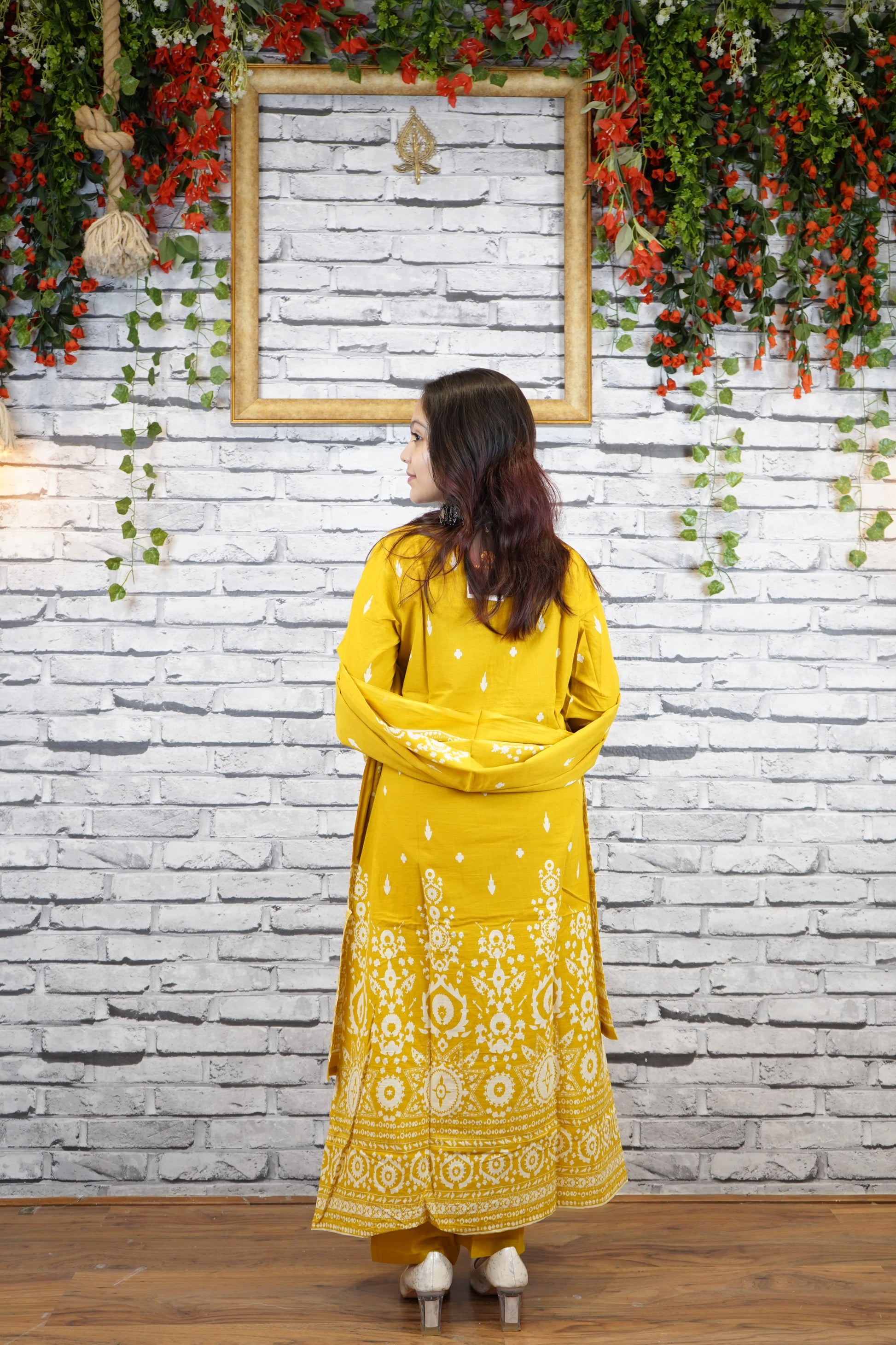 Mustard Yellow Cotton Printed Suit Set, Casual Ethnic Wear