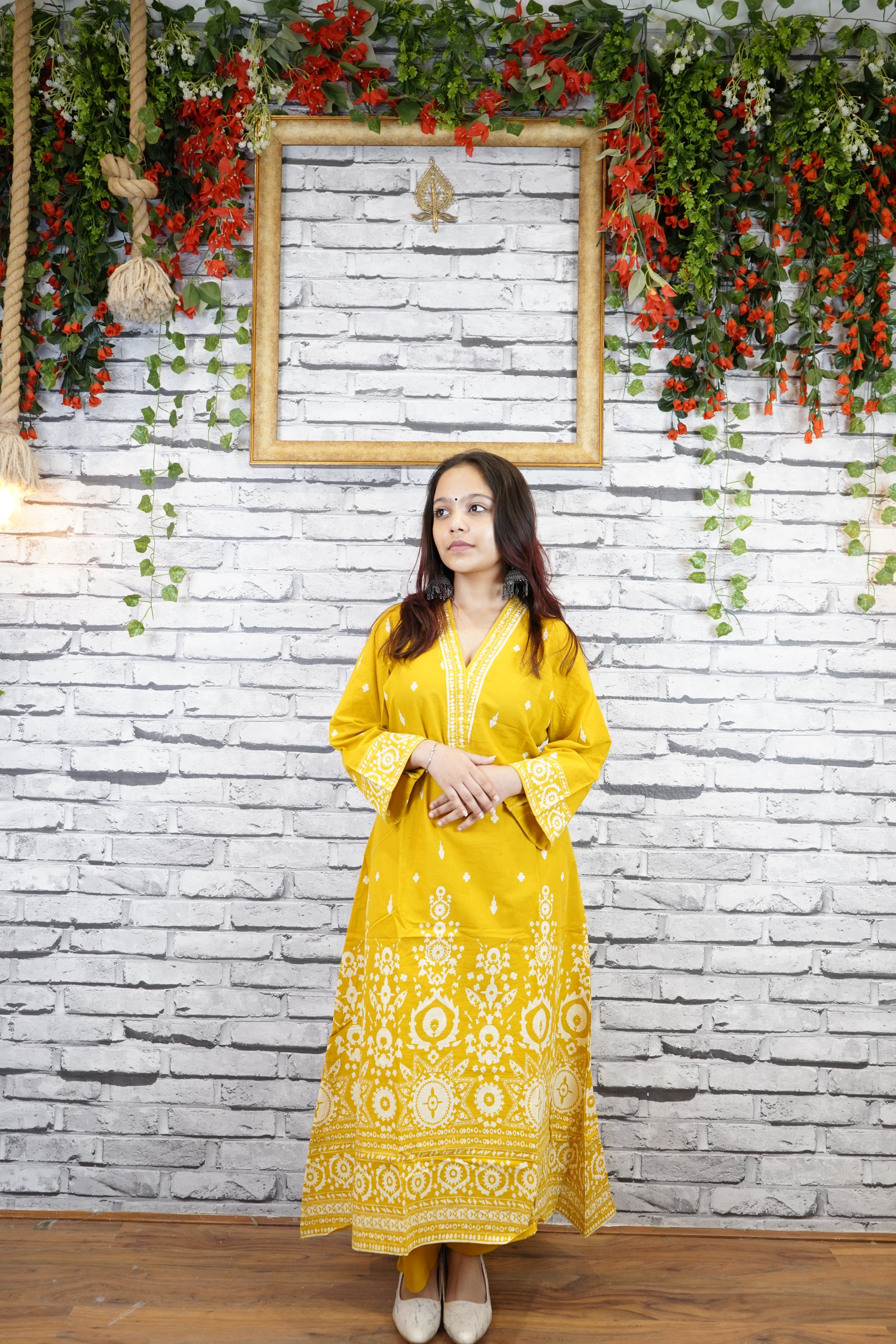 Mustard Yellow Cotton Printed Suit Set, Casual Ethnic Wear