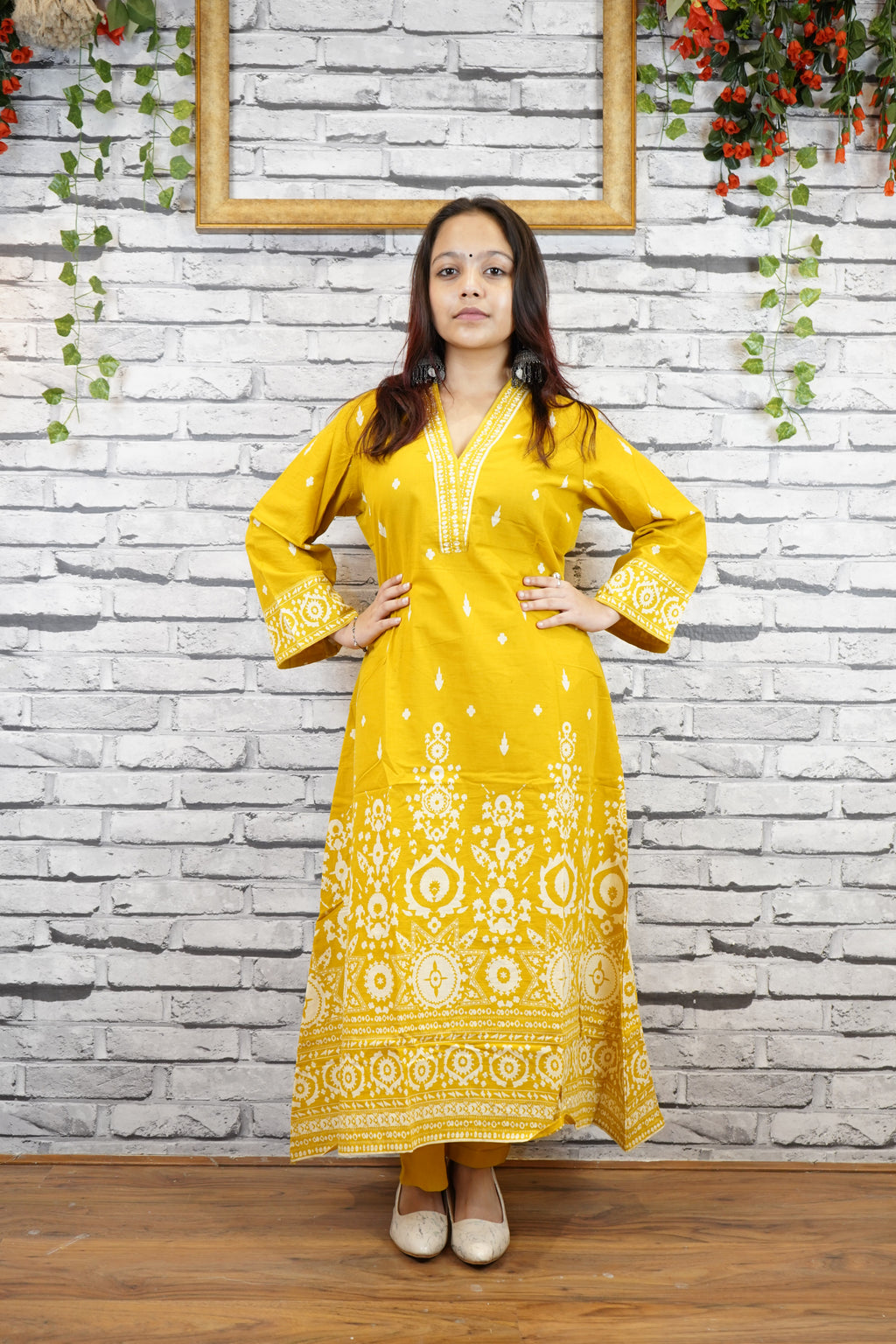 Mustard Yellow Cotton Printed Suit Set, Casual Ethnic Wear