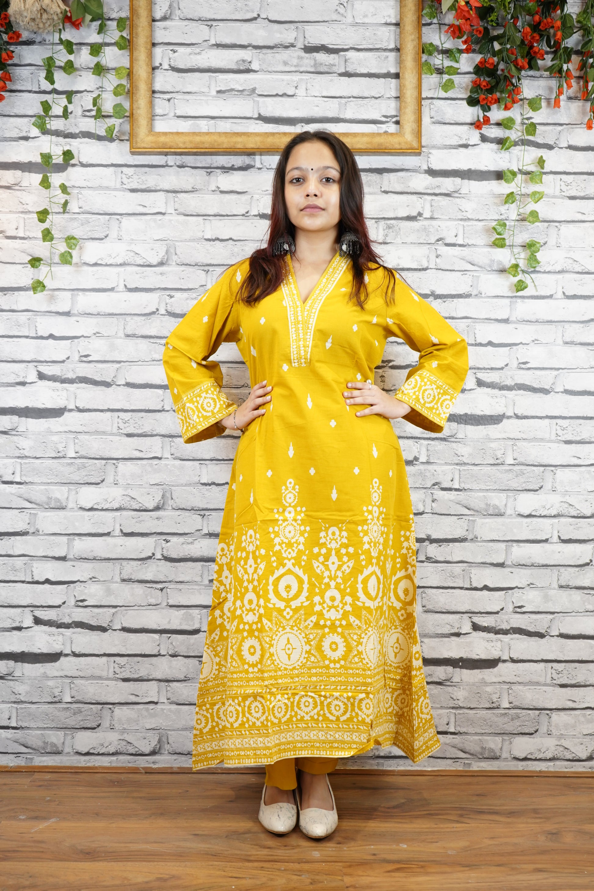 Mustard Yellow Cotton Printed Suit Set, Casual Ethnic Wear