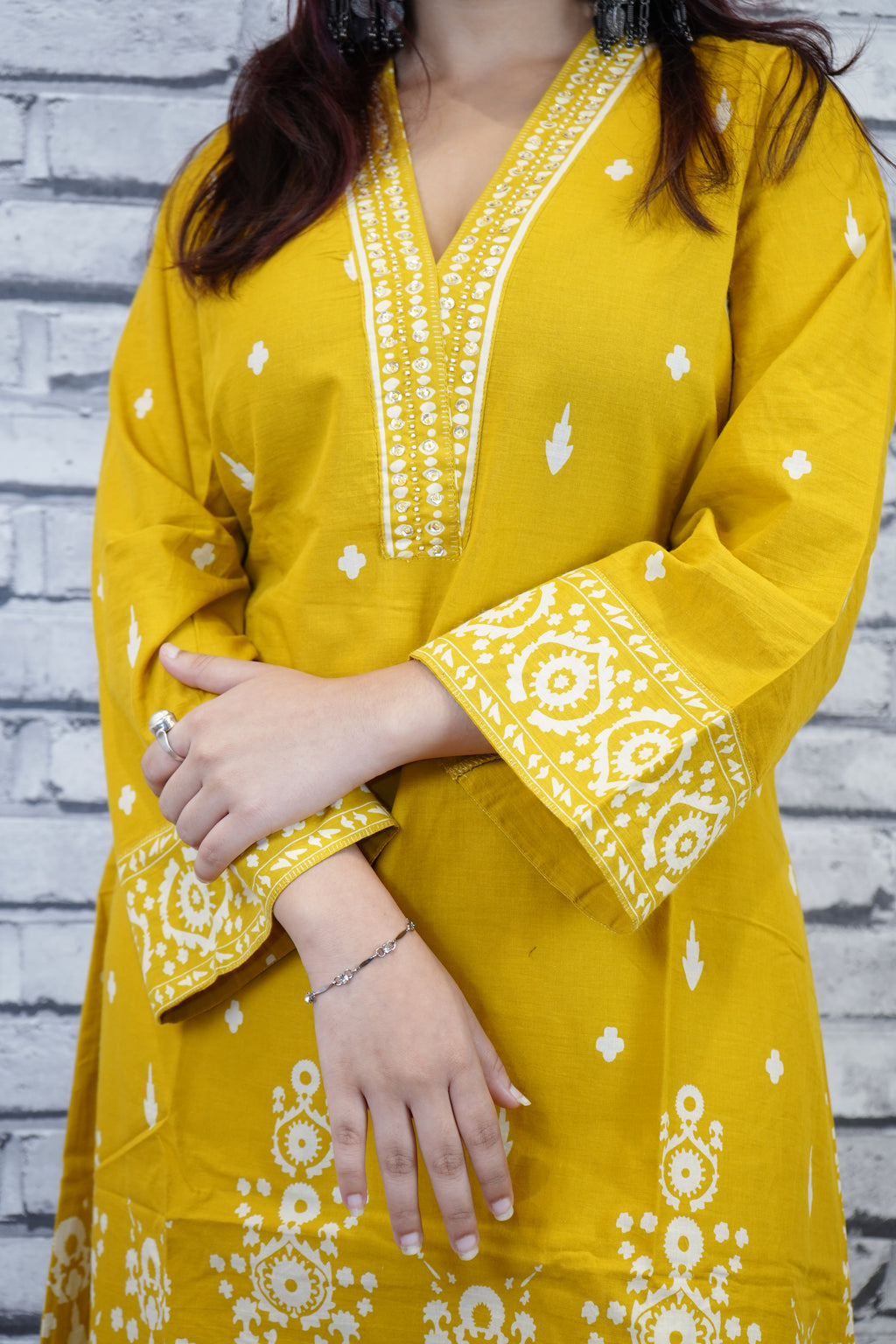 Mustard Yellow Cotton Printed Suit Set, Casual Ethnic Wear