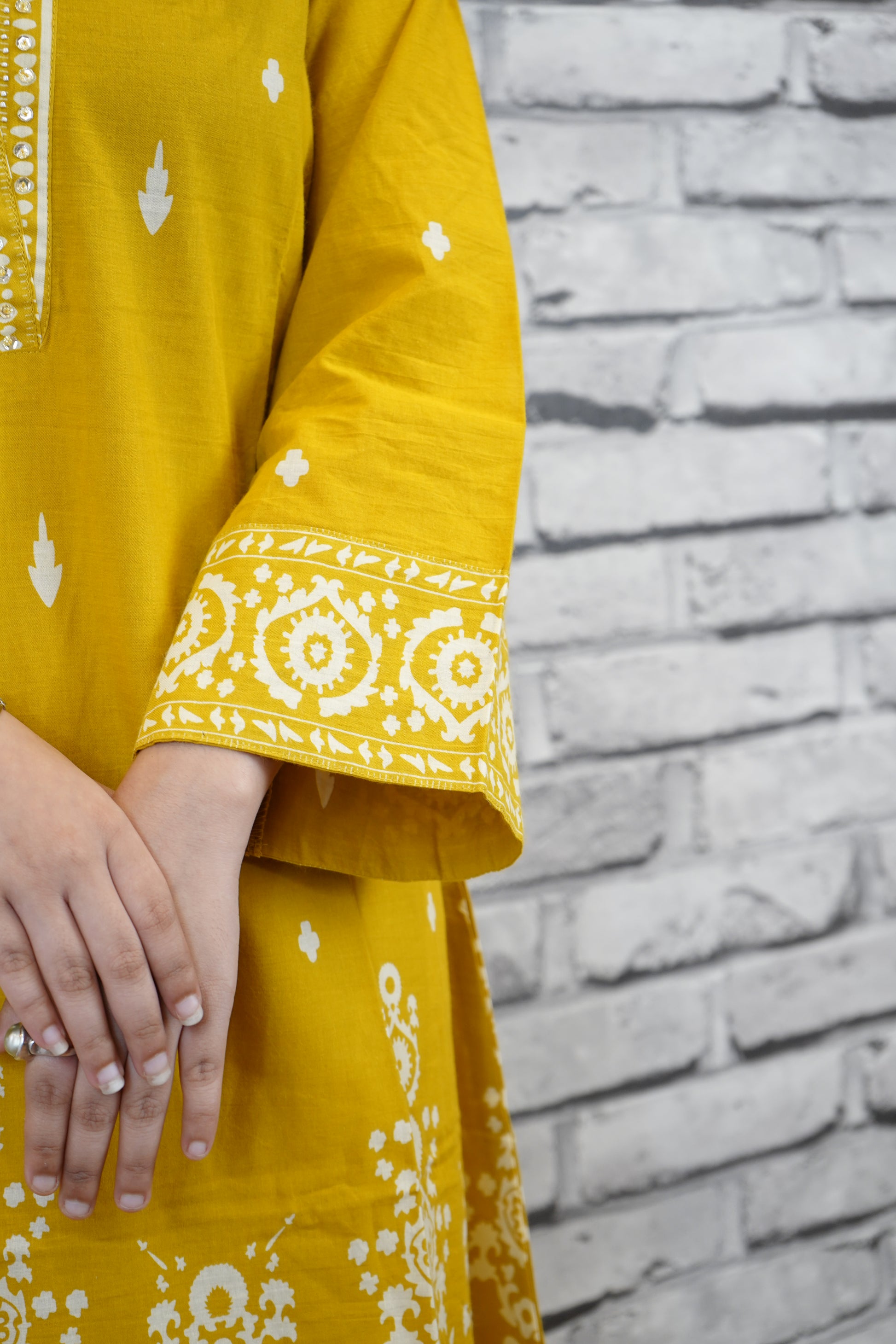 Mustard Yellow Cotton Printed Suit Set, Casual Ethnic Wear