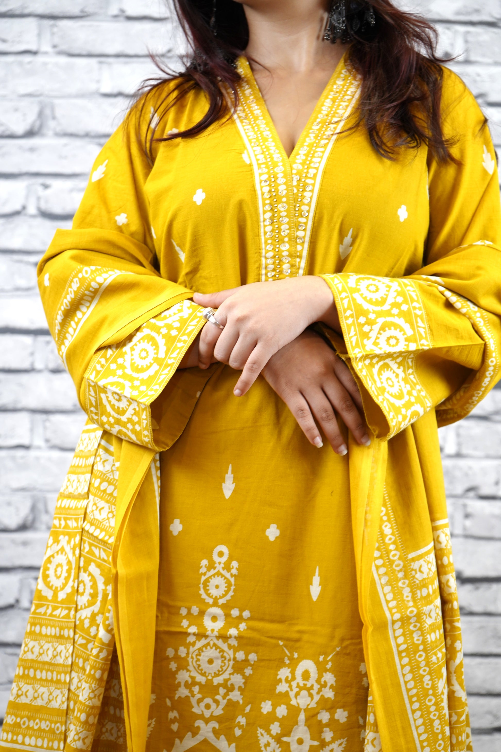 Mustard Yellow Cotton Printed Suit Set, Casual Ethnic Wear