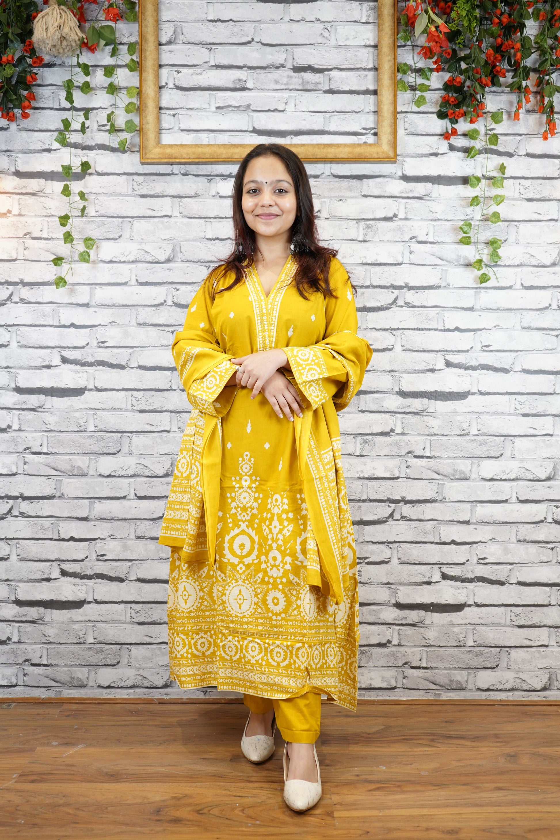 Mustard Yellow Cotton Printed Suit Set, Casual Ethnic Wear