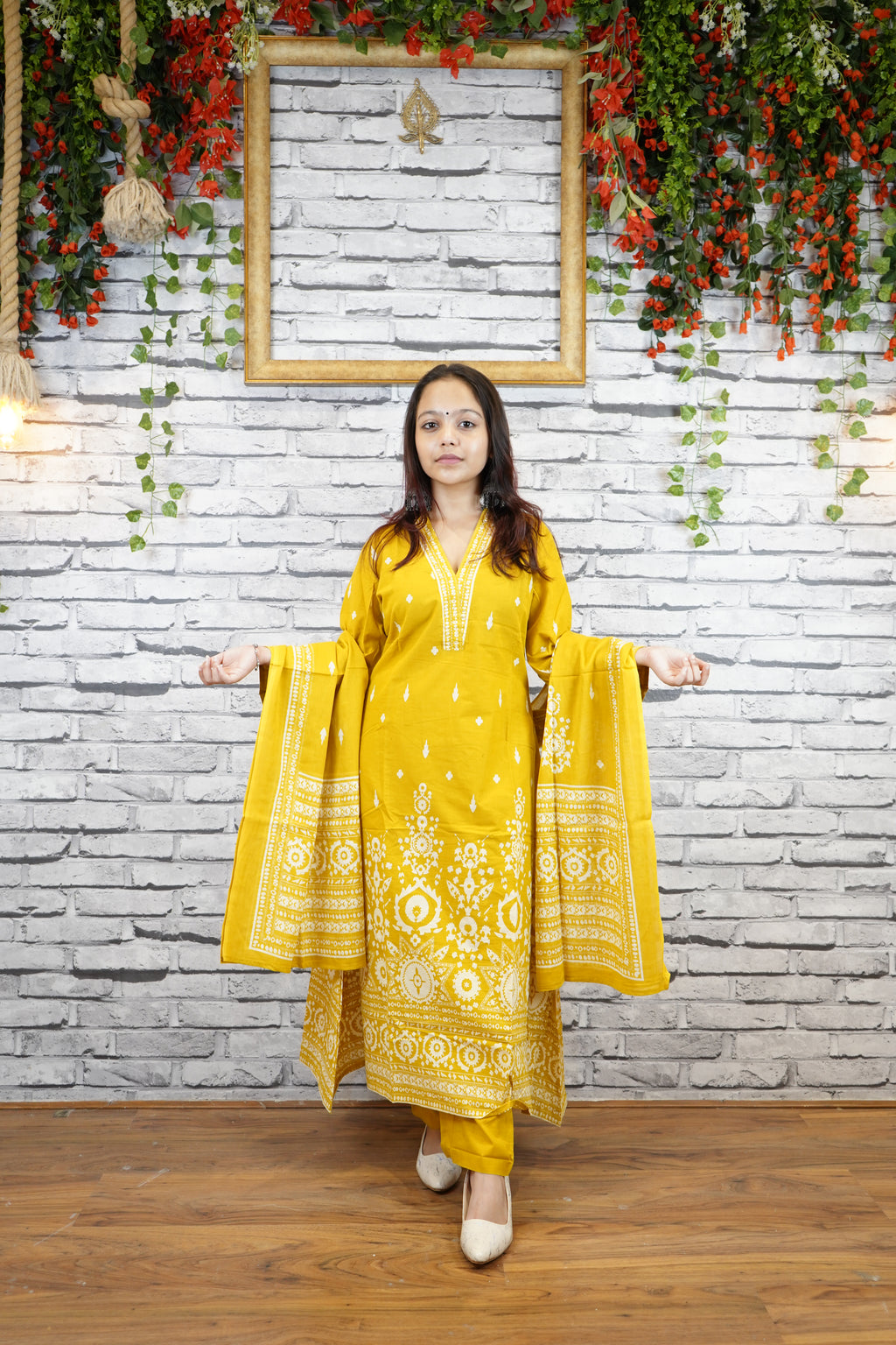 Mustard Yellow Cotton Printed Suit Set, Casual Ethnic Wear