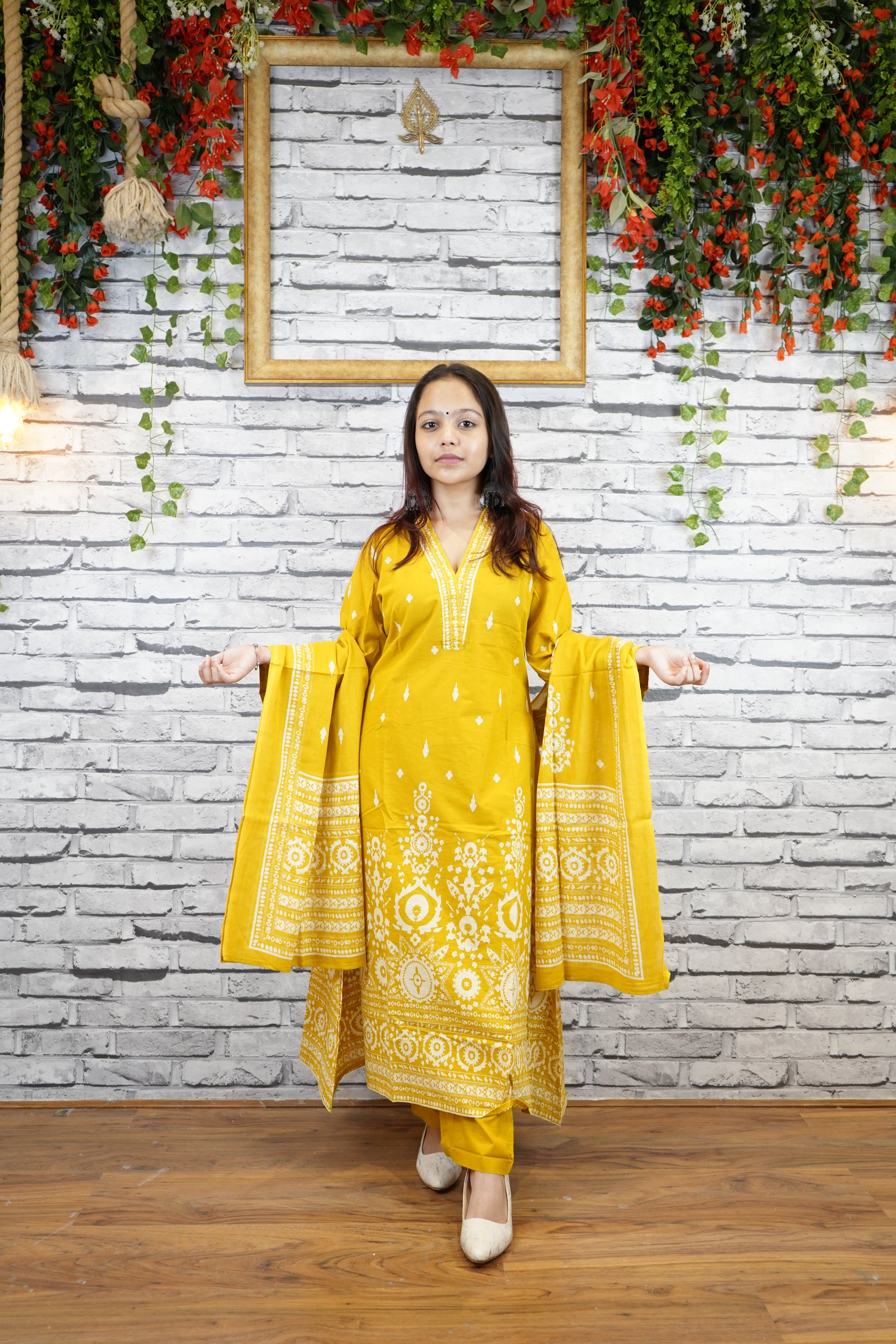 Mustard Yellow Cotton Printed Suit Set, Casual Ethnic Wear