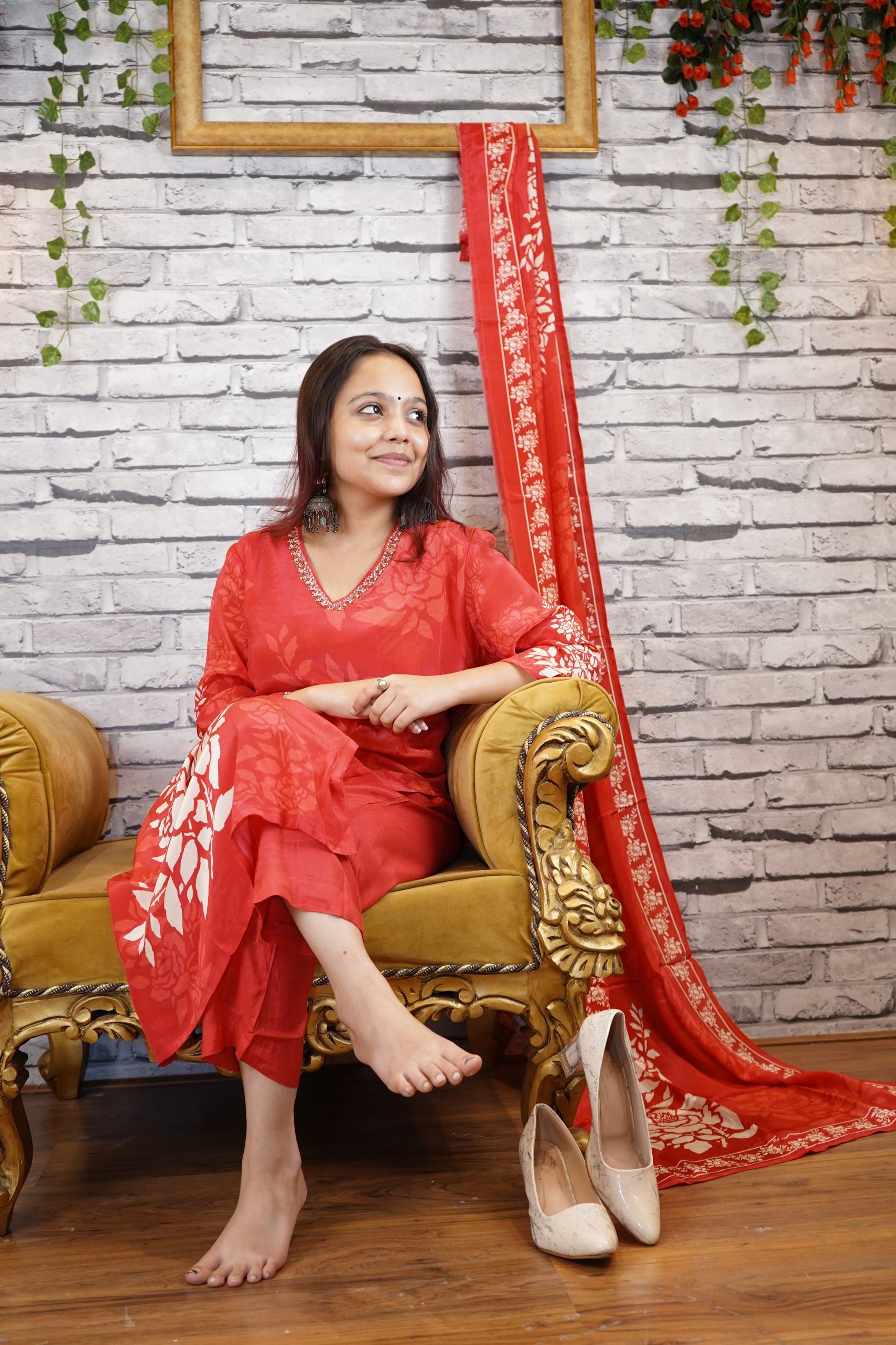 igital Print Vermillion Red 3 Piece Crepe Suit with Hand Embroidery | Dupatta Set