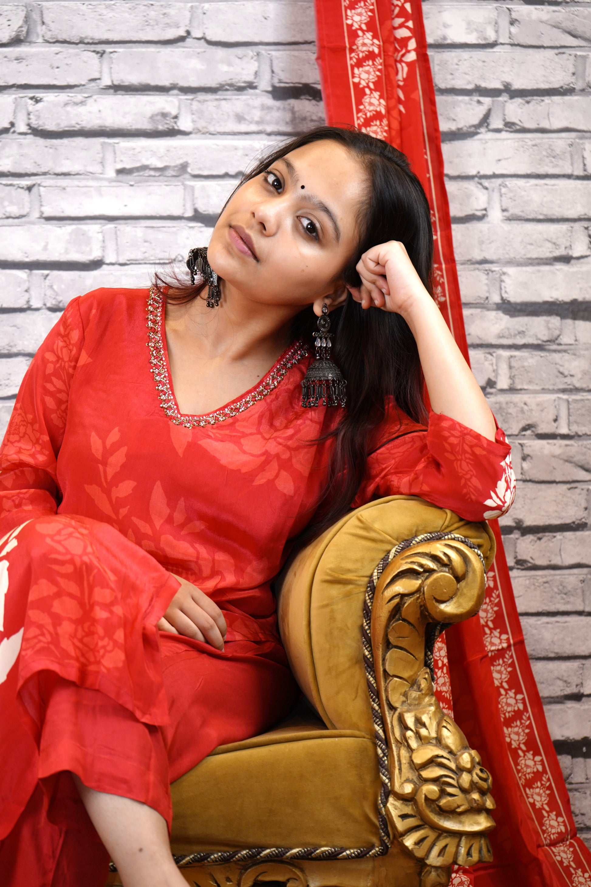 igital Print Vermillion Red 3 Piece Crepe Suit with Hand Embroidery | Dupatta Set
