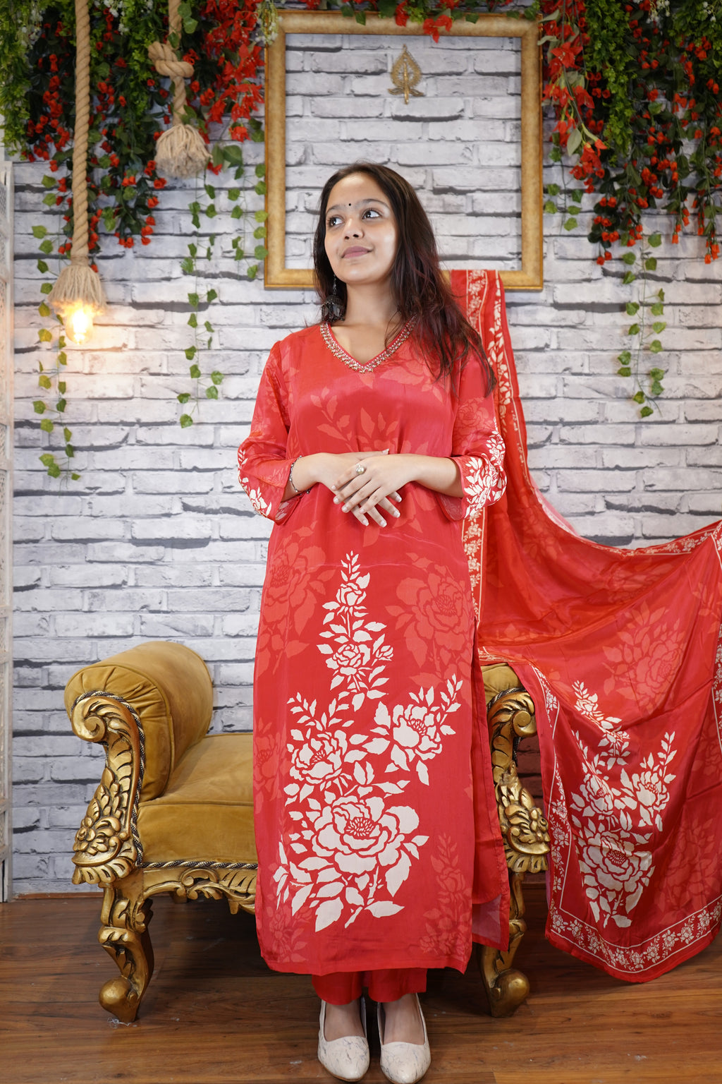 igital Print Vermillion Red 3 Piece Crepe Suit with Hand Embroidery | Dupatta Set