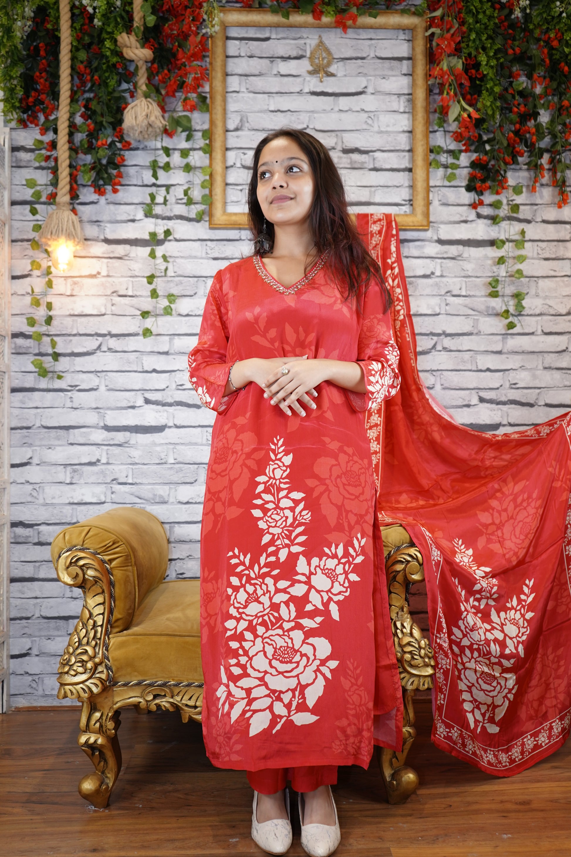 igital Print Vermillion Red 3 Piece Crepe Suit with Hand Embroidery | Dupatta Set