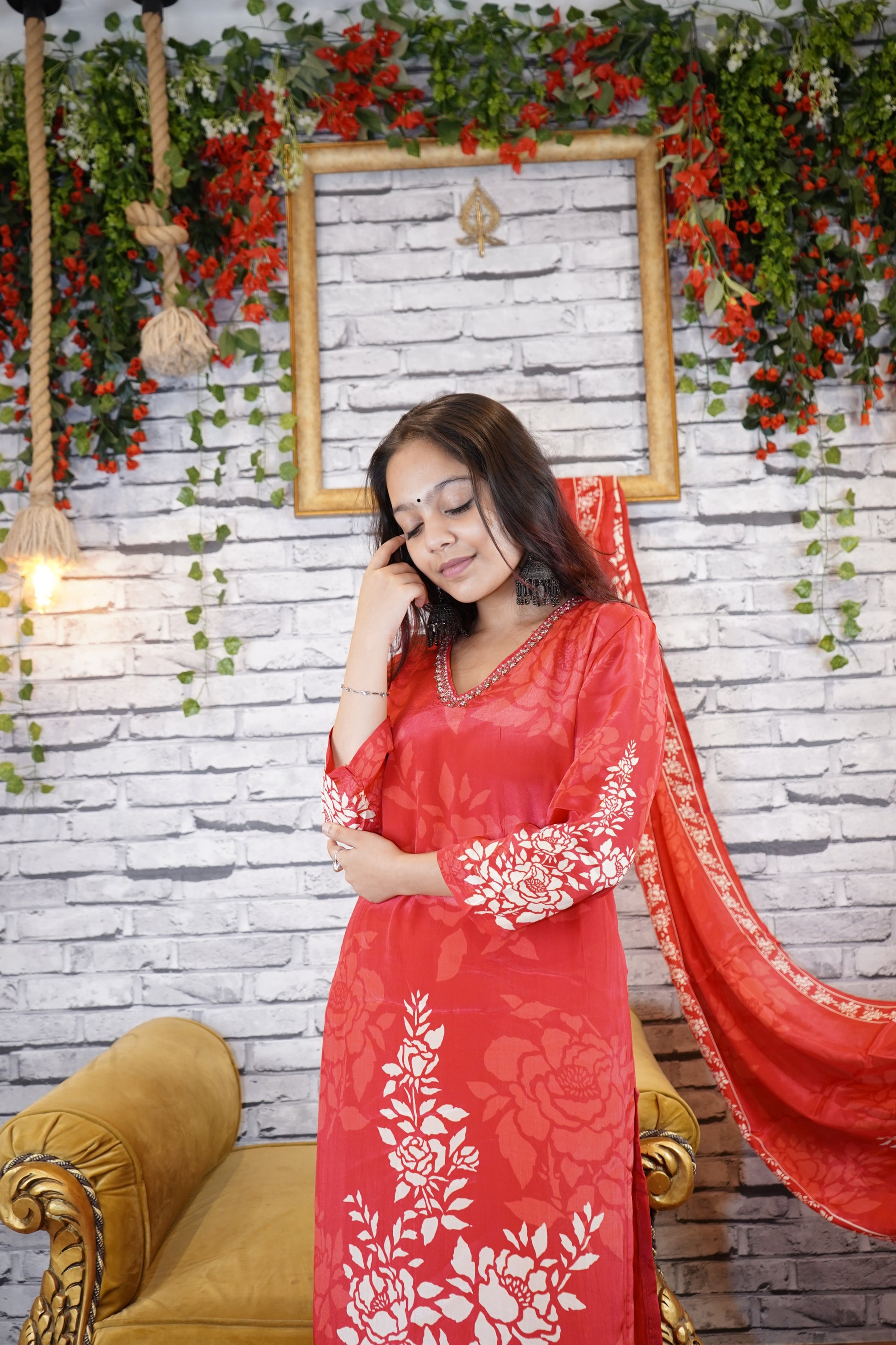 igital Print Vermillion Red 3 Piece Crepe Suit with Hand Embroidery | Dupatta Set