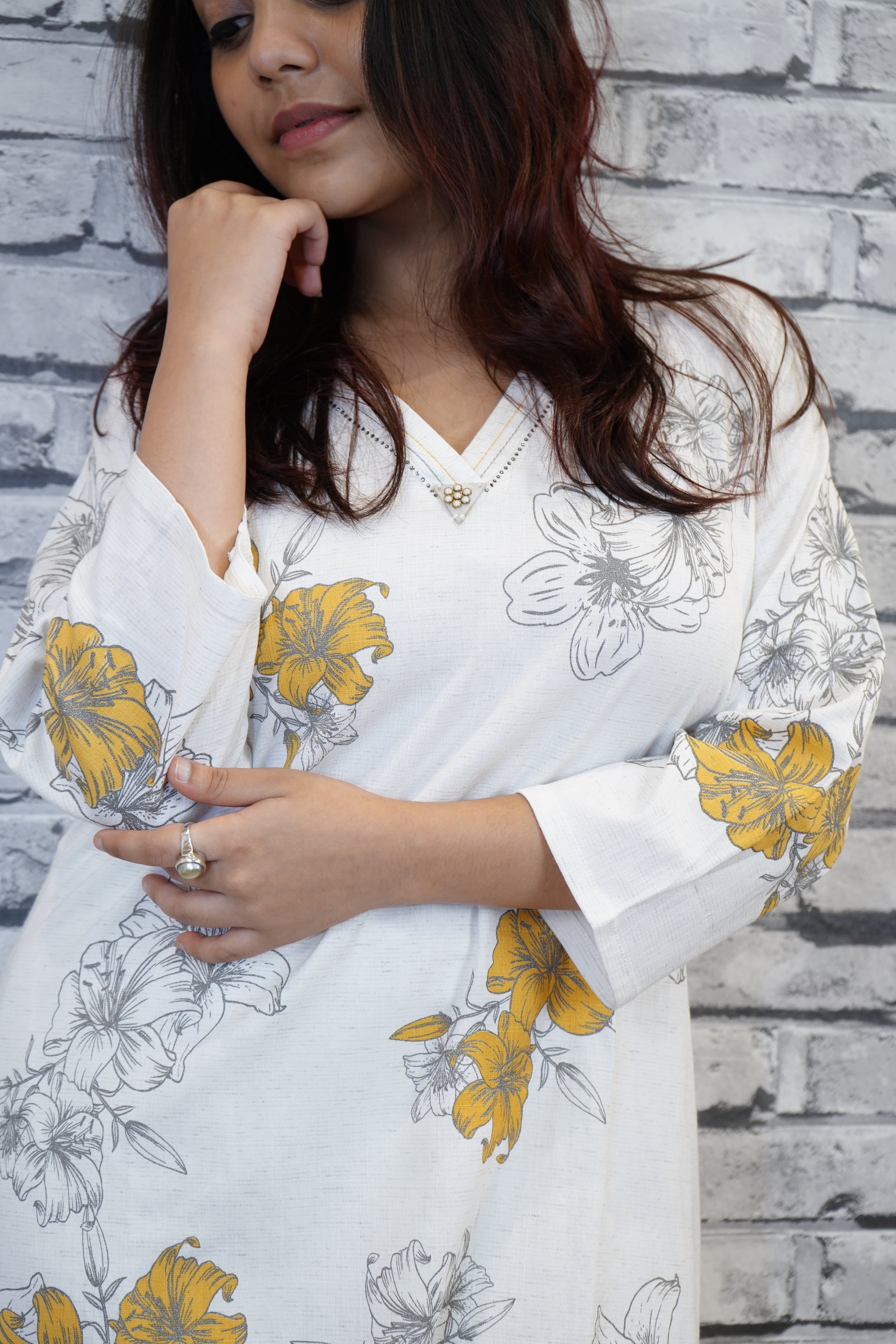White Cotton Floral Suit Set with Subtle Sequin Detailing