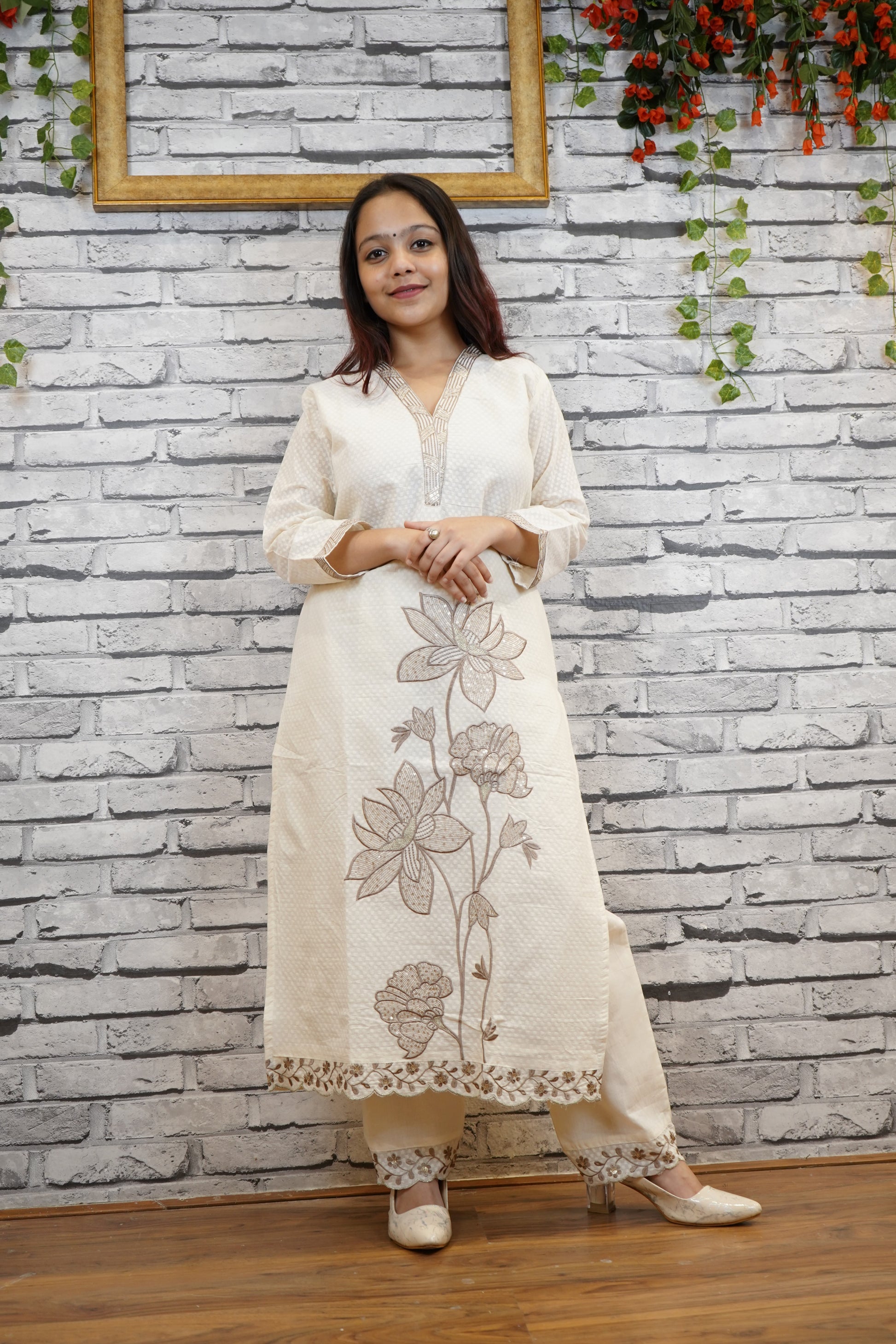 Ivory Cotton Floral Suit Set with Hand Embellished Neckline