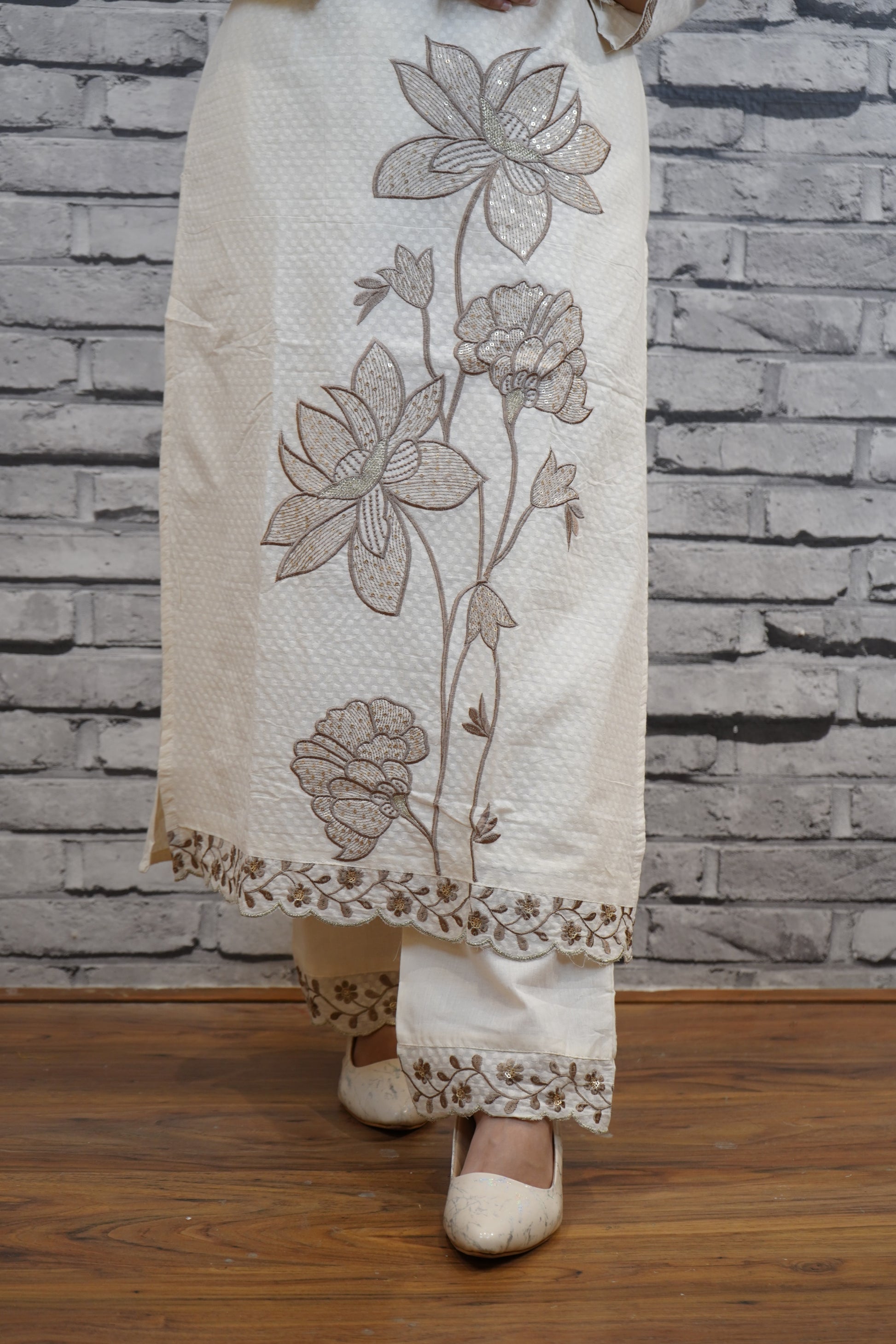 Ivory Cotton Floral Suit Set with Hand Embellished Neckline