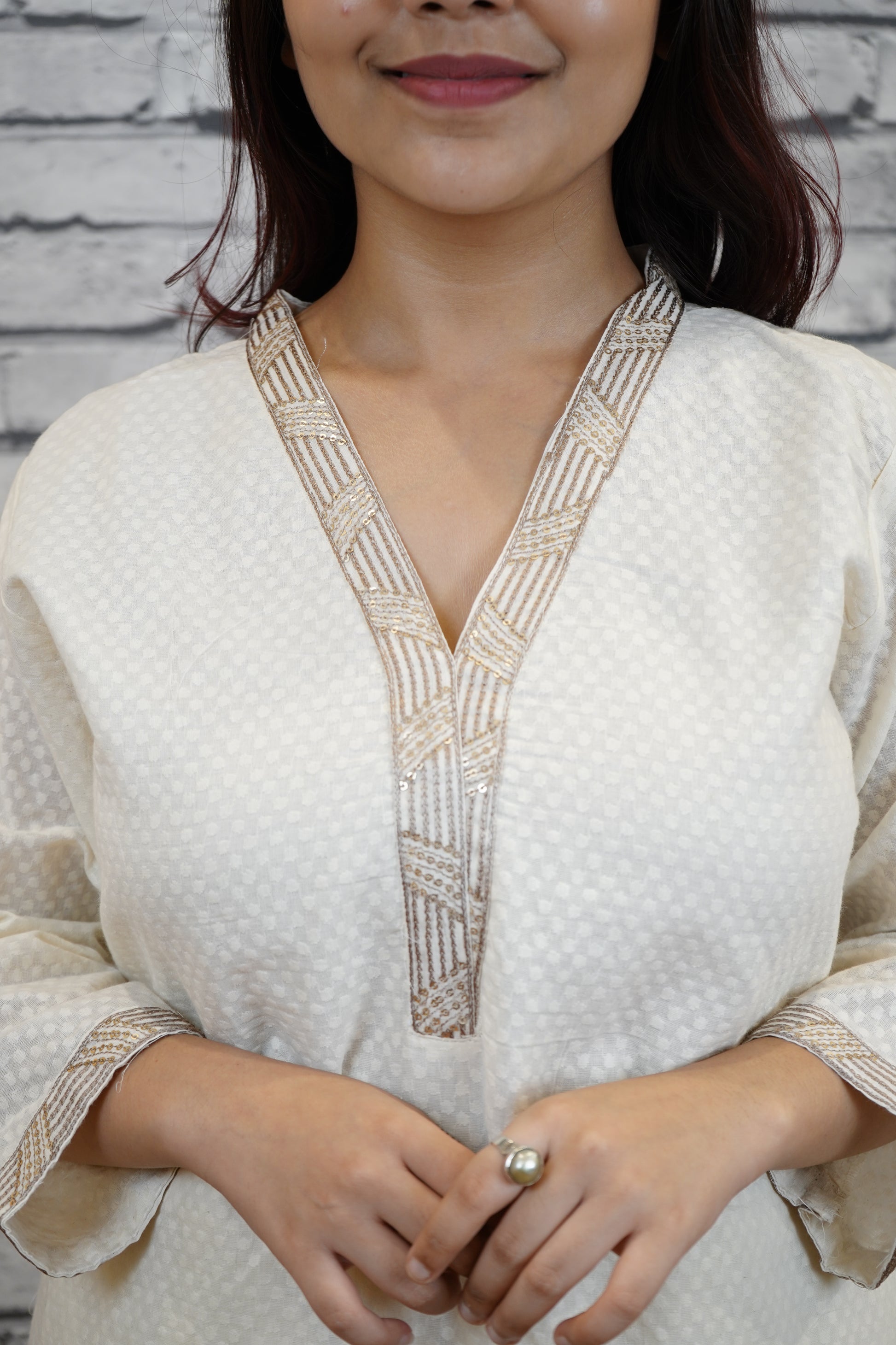 Ivory Cotton Floral Suit Set with Hand Embellished Neckline