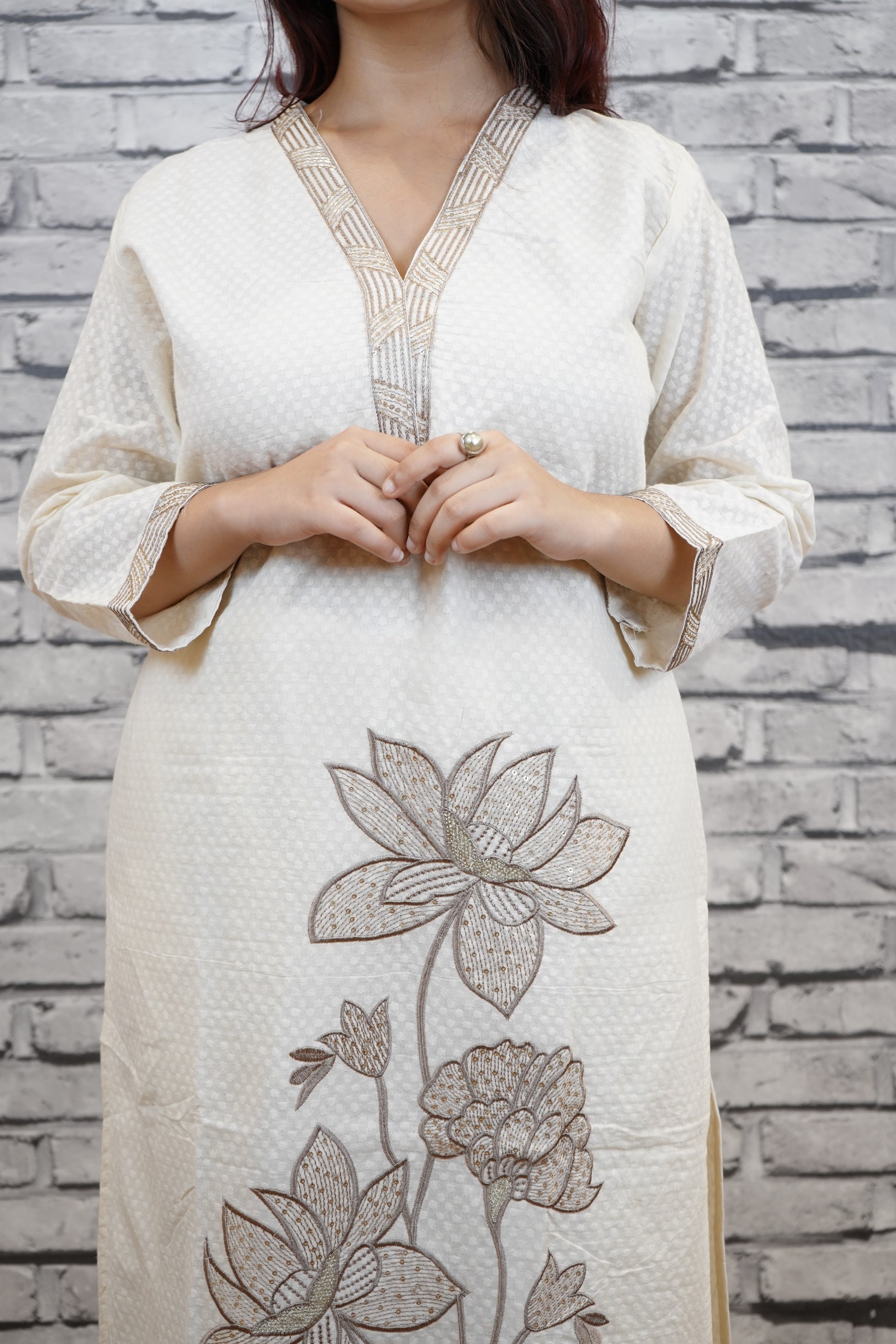 Ivory Cotton Floral Suit Set with Hand Embellished Neckline