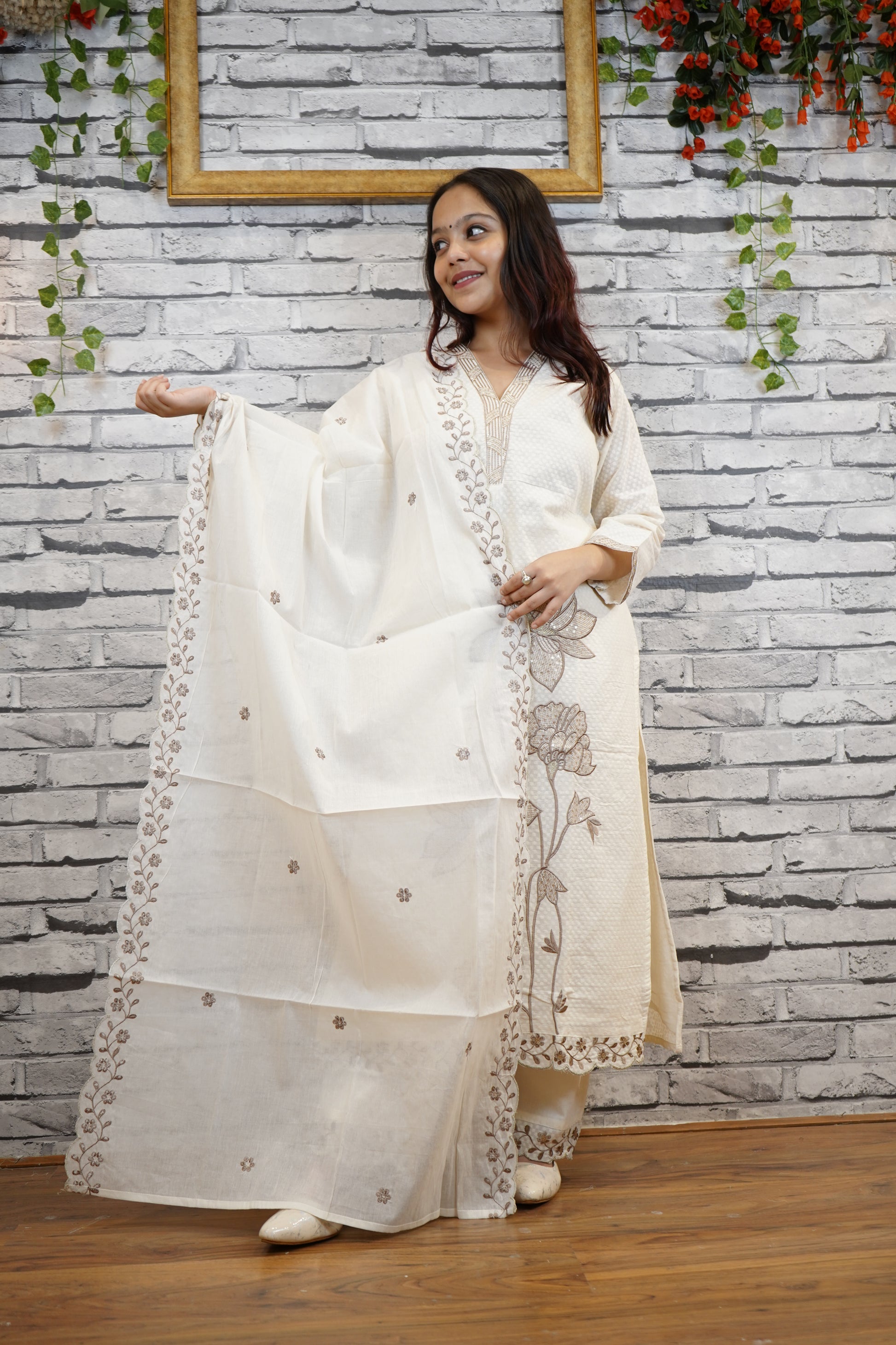 Ivory Cotton Floral Suit Set with Hand Embellished Neckline
