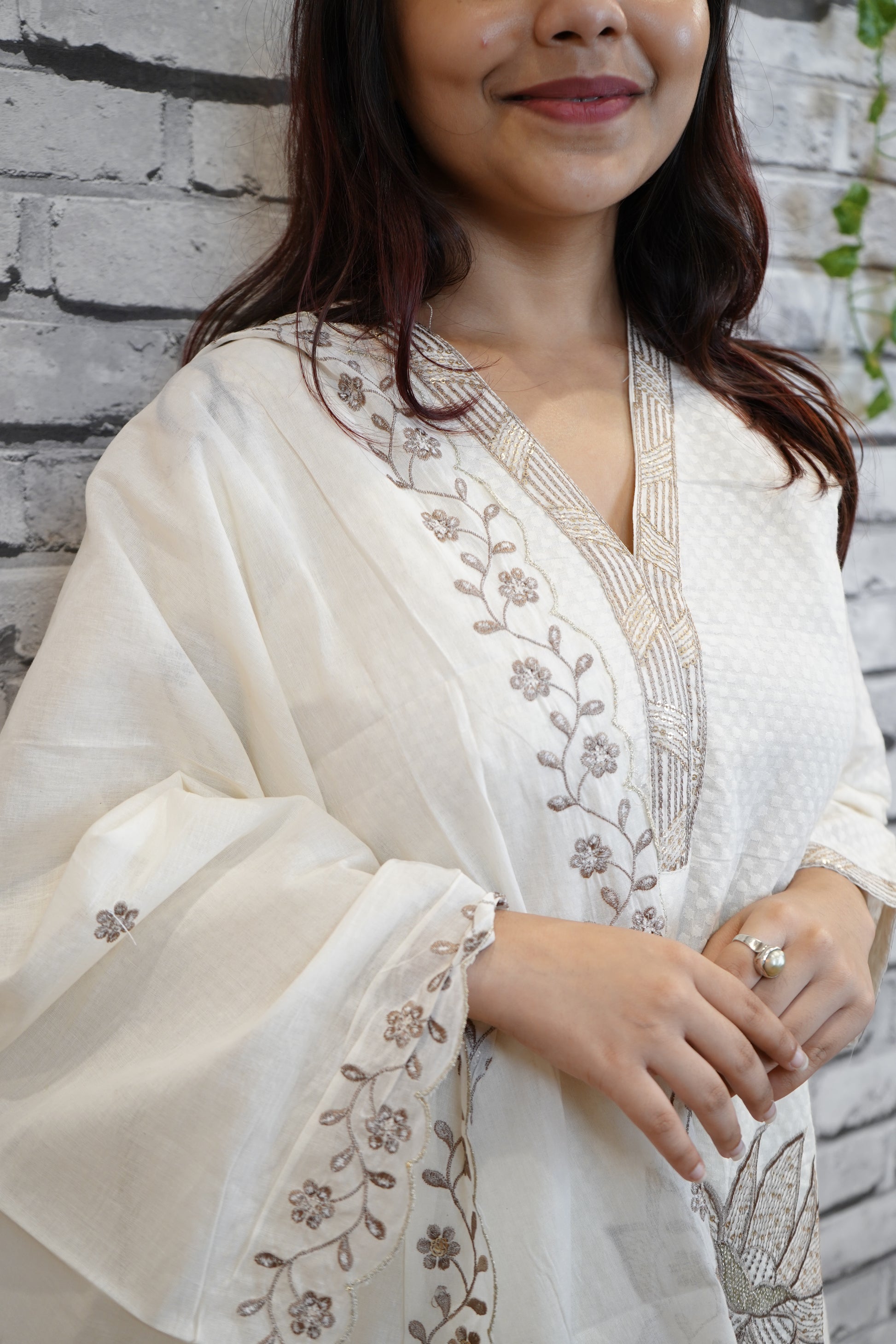 Ivory Cotton Floral Suit Set with Hand Embellished Neckline
