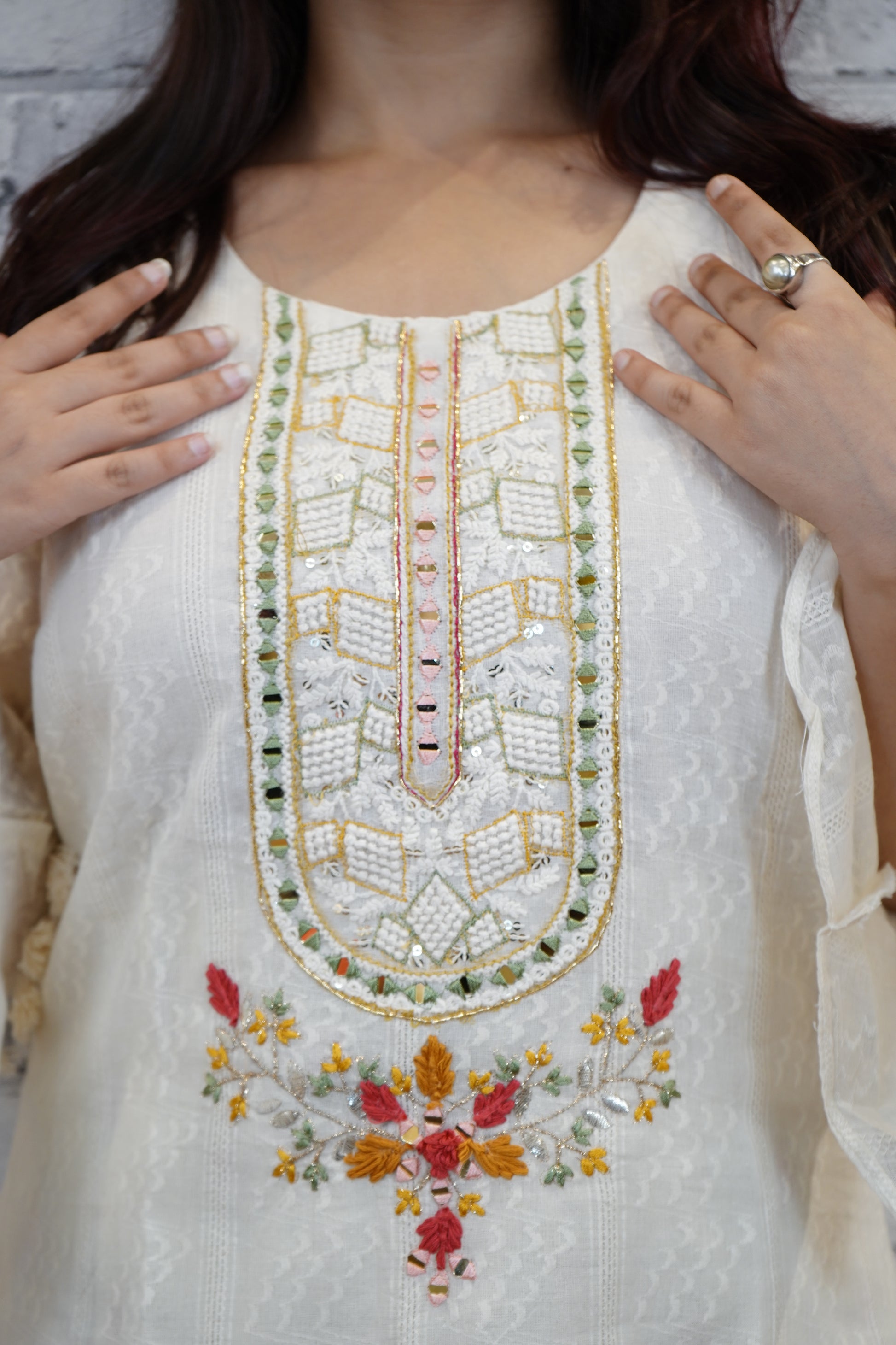 Women's White Linen Kurta with Embroidered Neckline & Lace Detailing | Ethnic Wear for Festive & Casual Occasions