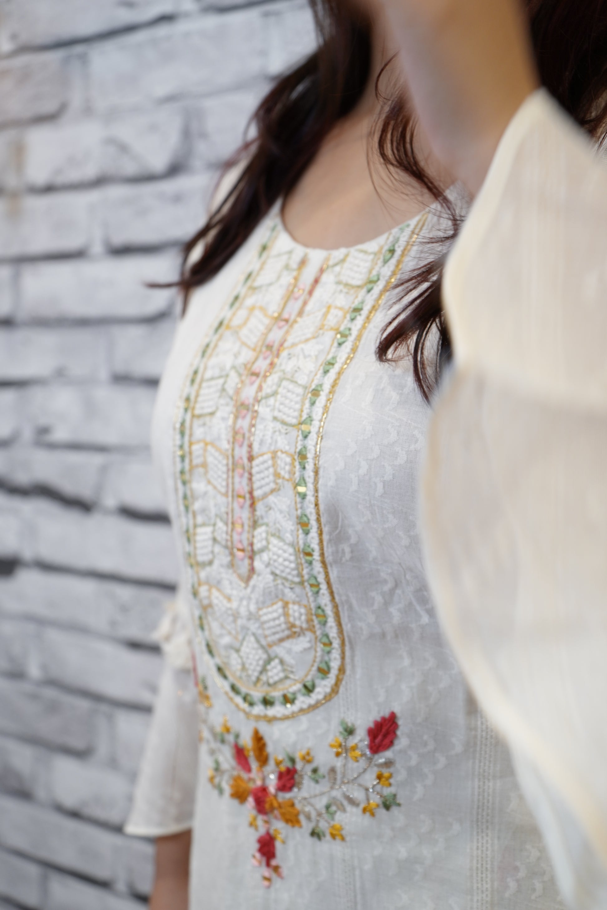 Women's White Linen Kurta with Embroidered Neckline & Lace Detailing | Ethnic Wear for Festive & Casual Occasions