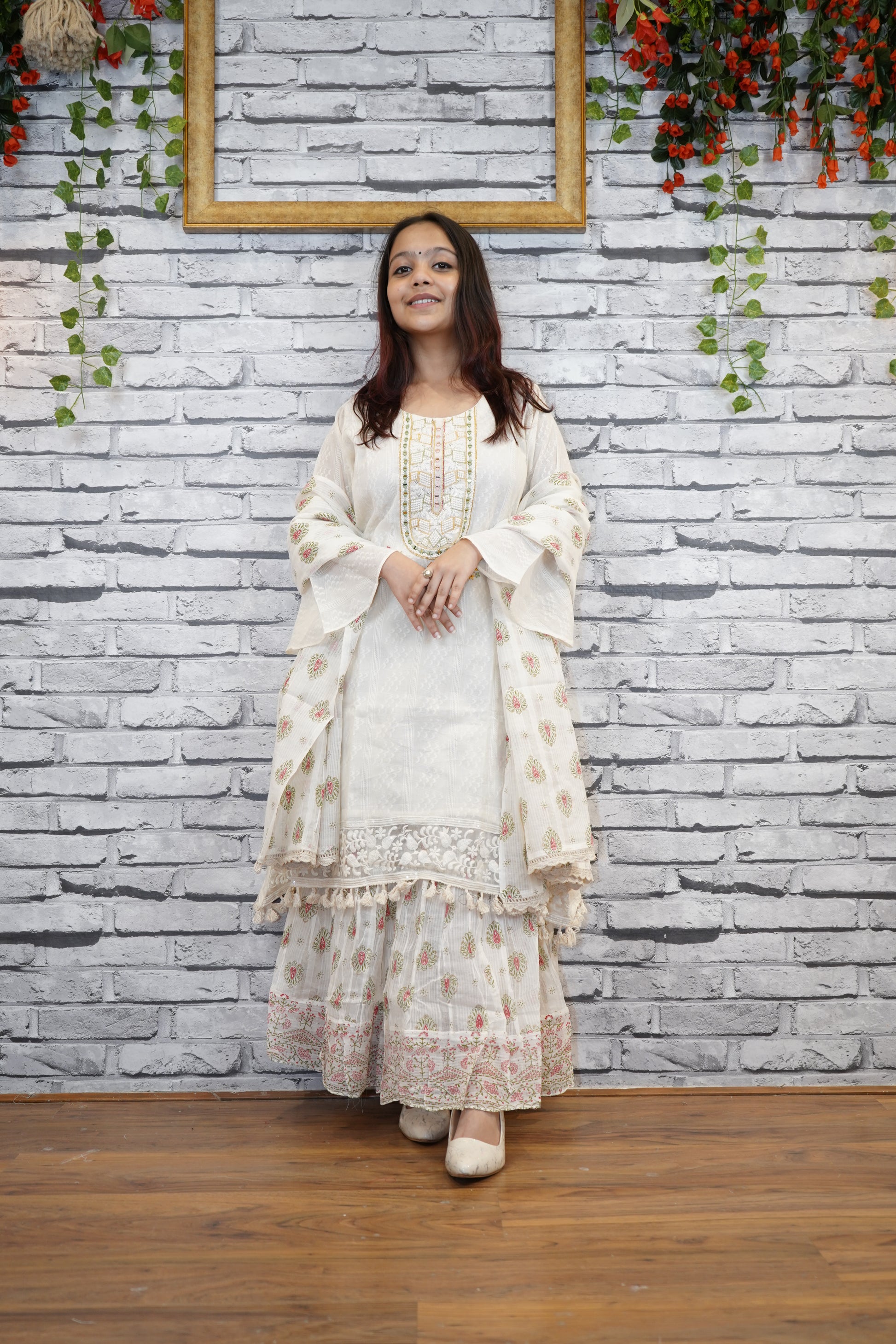 Women's White Linen Kurta with Embroidered Neckline & Lace Detailing | Ethnic Wear for Festive & Casual Occasions