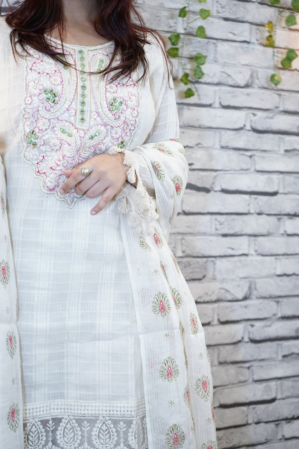Women's White Linen Kurta Set with Dupatta | Embroidered Ethnic Wear for Festive & Casual Occasions