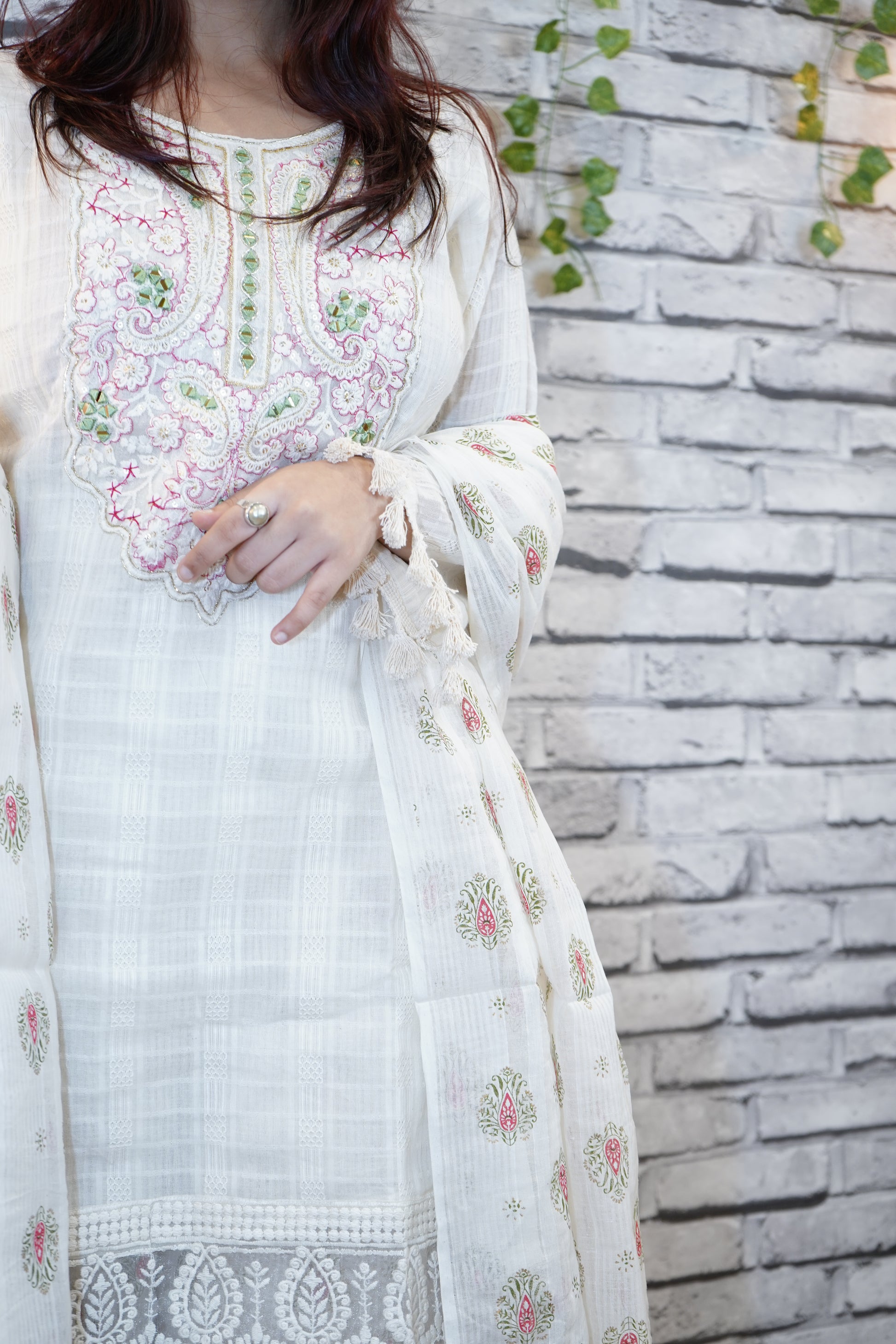 Women's White Linen Kurta Set with Dupatta | Embroidered Ethnic Wear for Festive & Casual Occasions