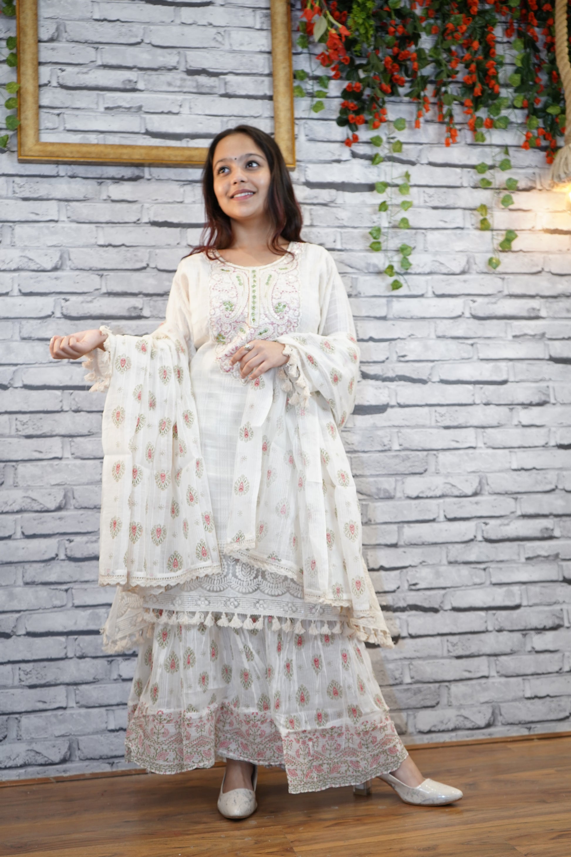 Off-White Festive Cotton Suit Set, 3PC with Handwork