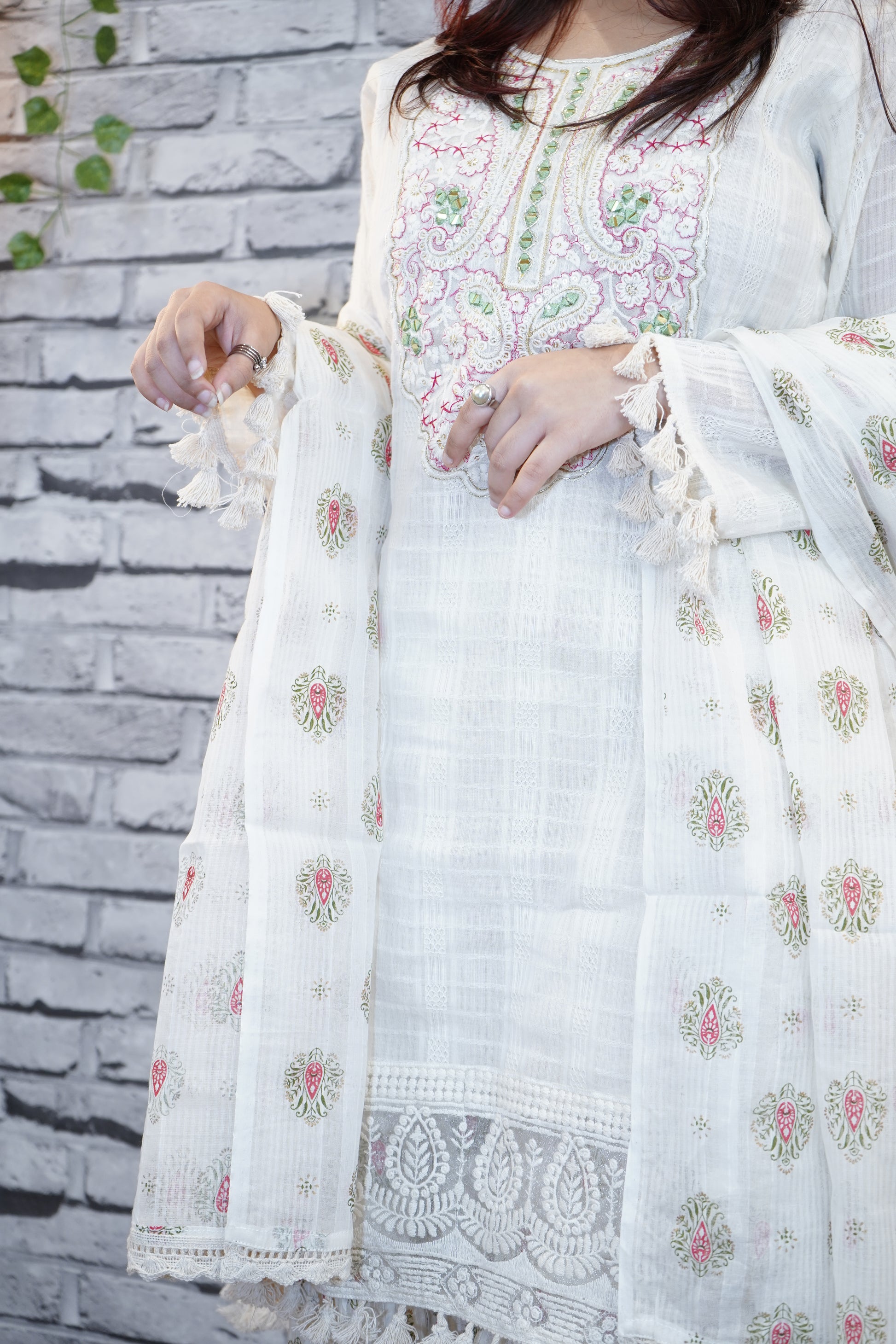 Off-White Festive Cotton Suit Set, 3PC with Handwork