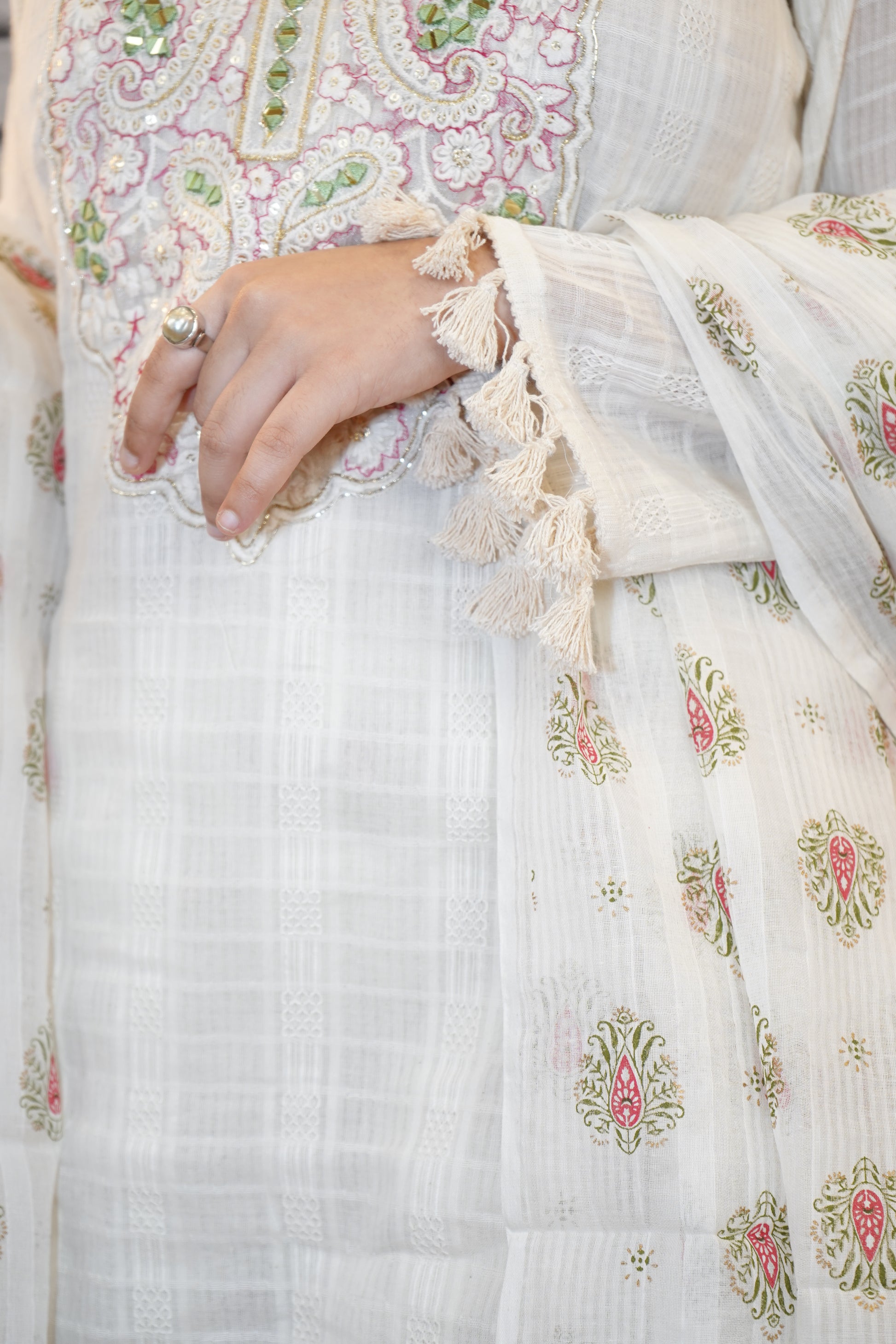 Off-White Festive Cotton Suit Set, 3PC with Handwork