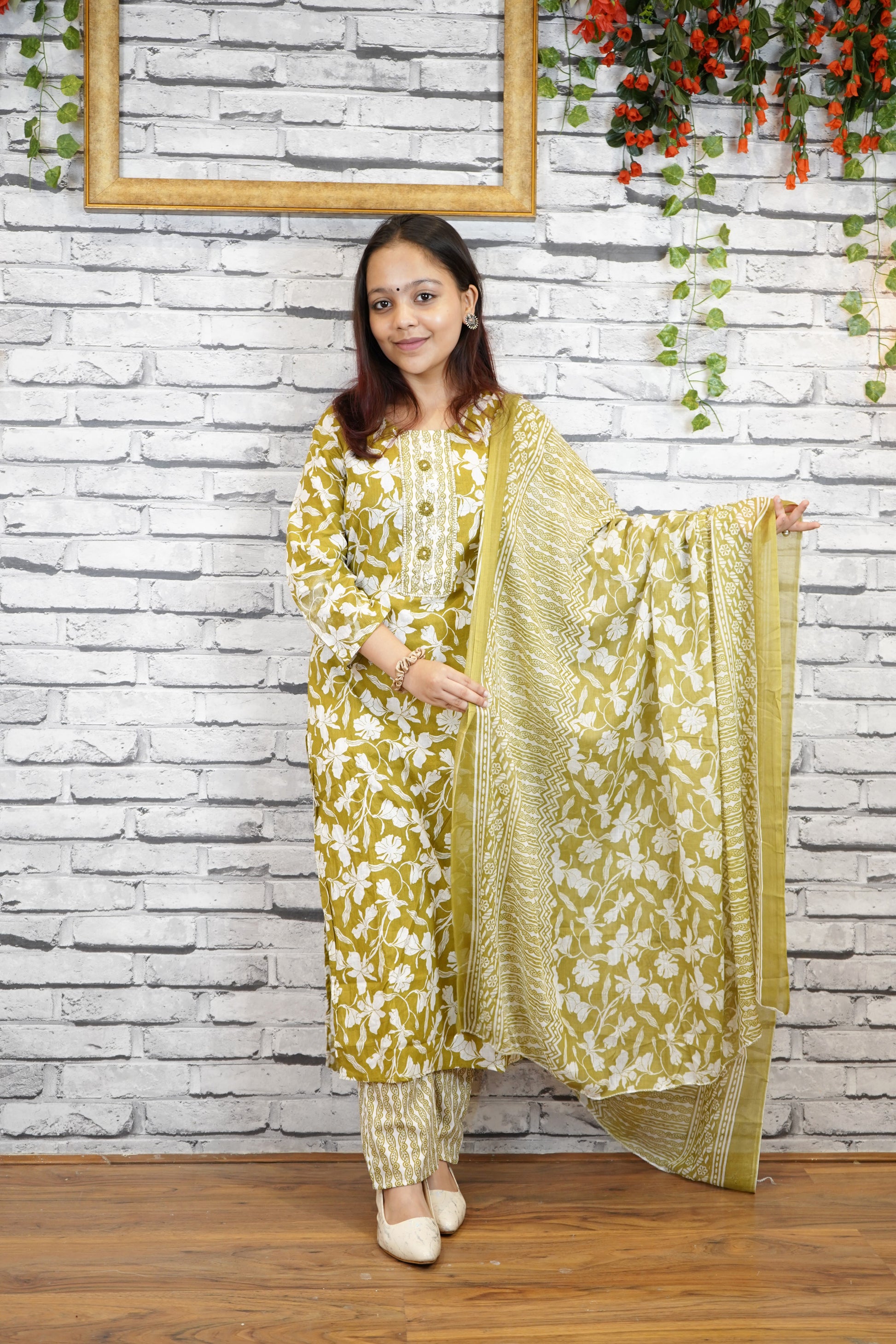 3 Piece Pure Cotton Suit Set with Embroidered Neckline & Dupatta