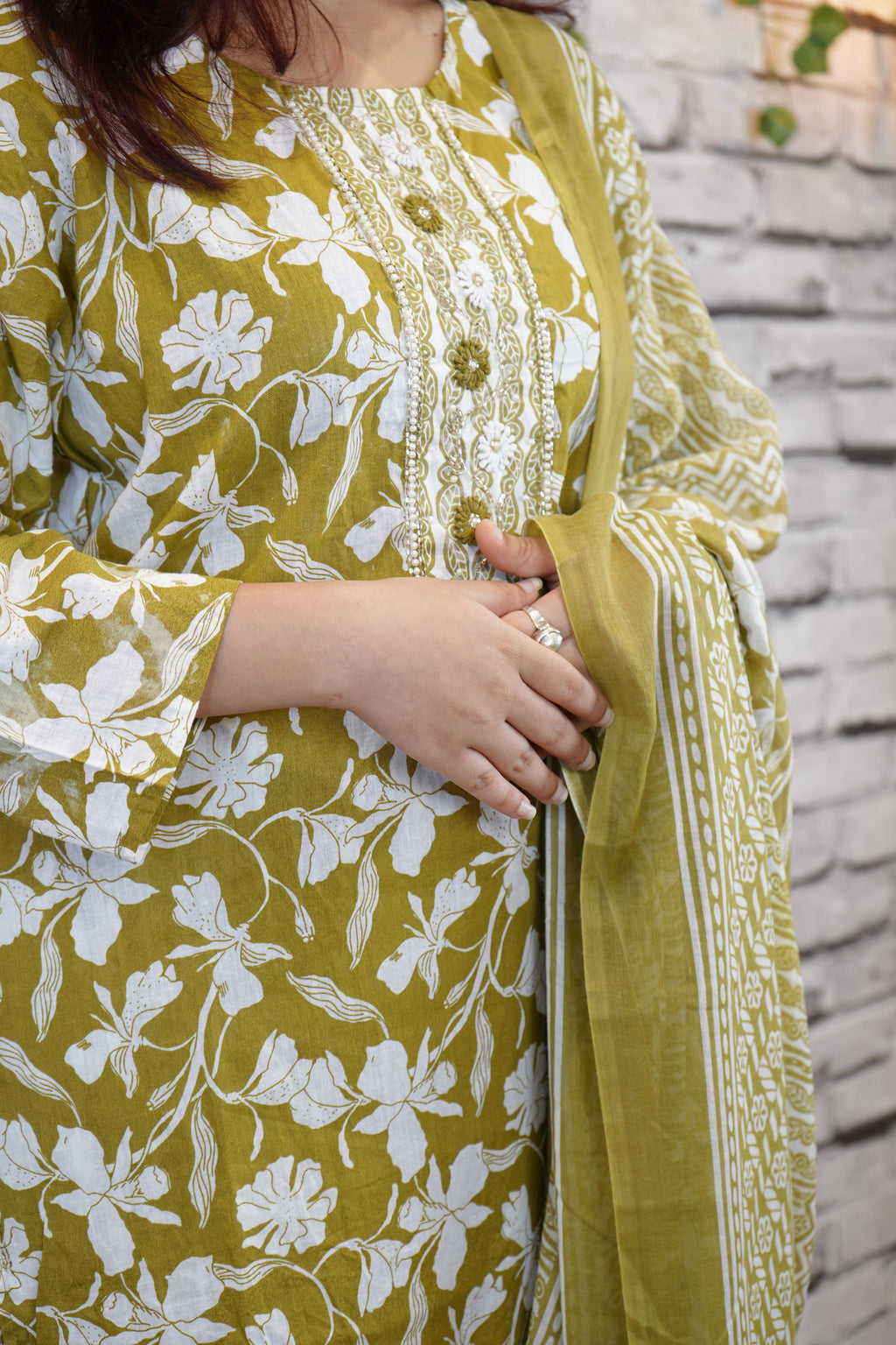 3 Piece Pure Cotton Suit Set with Embroidered Neckline & Dupatta