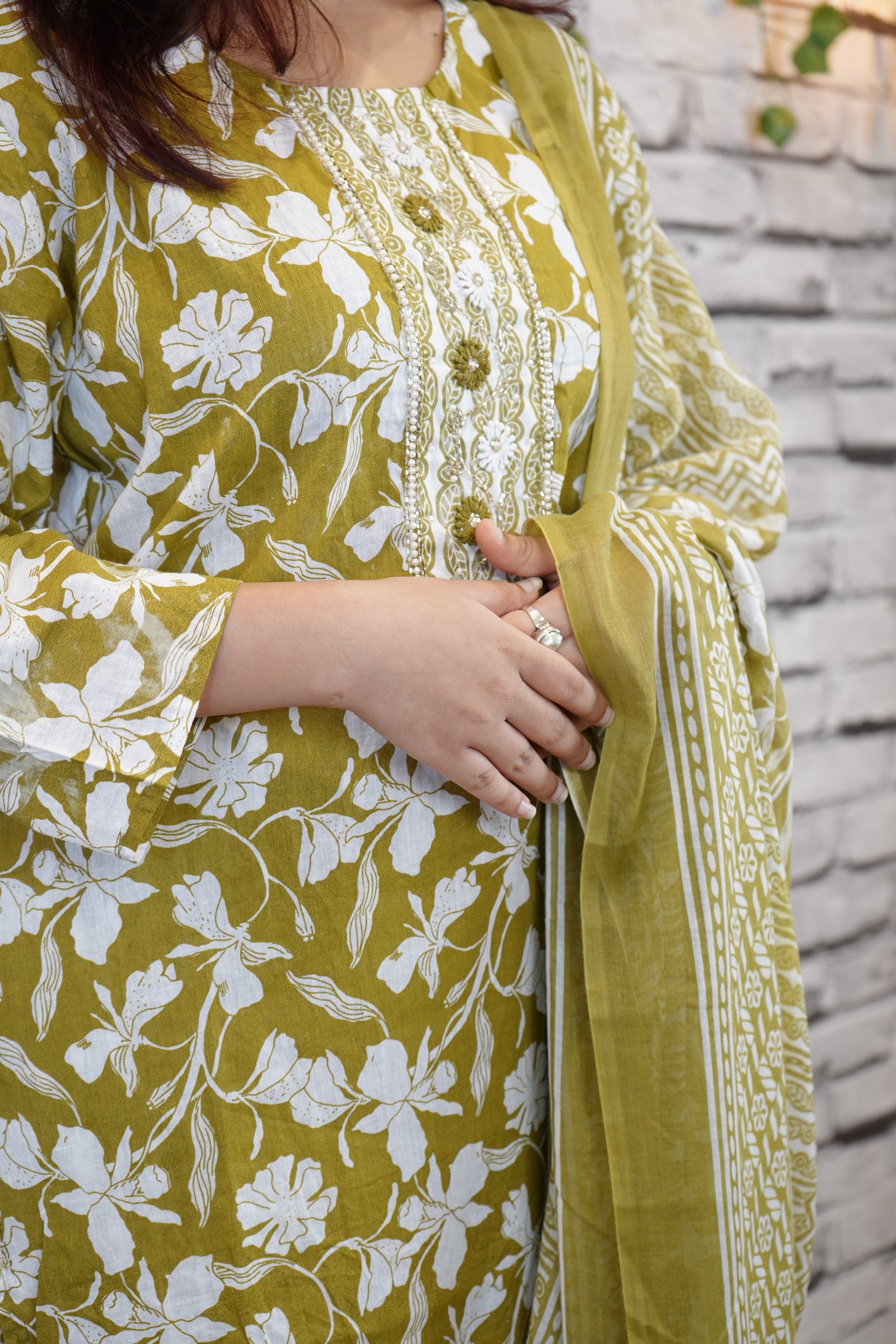 3 Piece Pure Cotton Suit Set with Embroidered Neckline & Dupatta