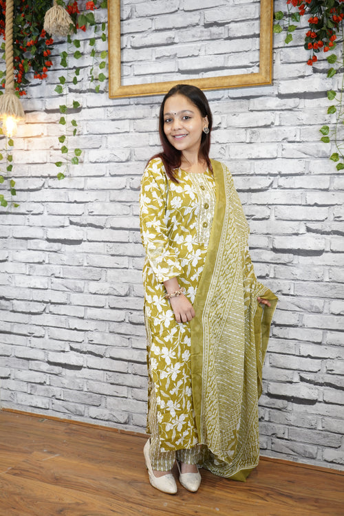 3 Piece Pure Cotton Suit Set with Embroidered Neckline & Dupatta
