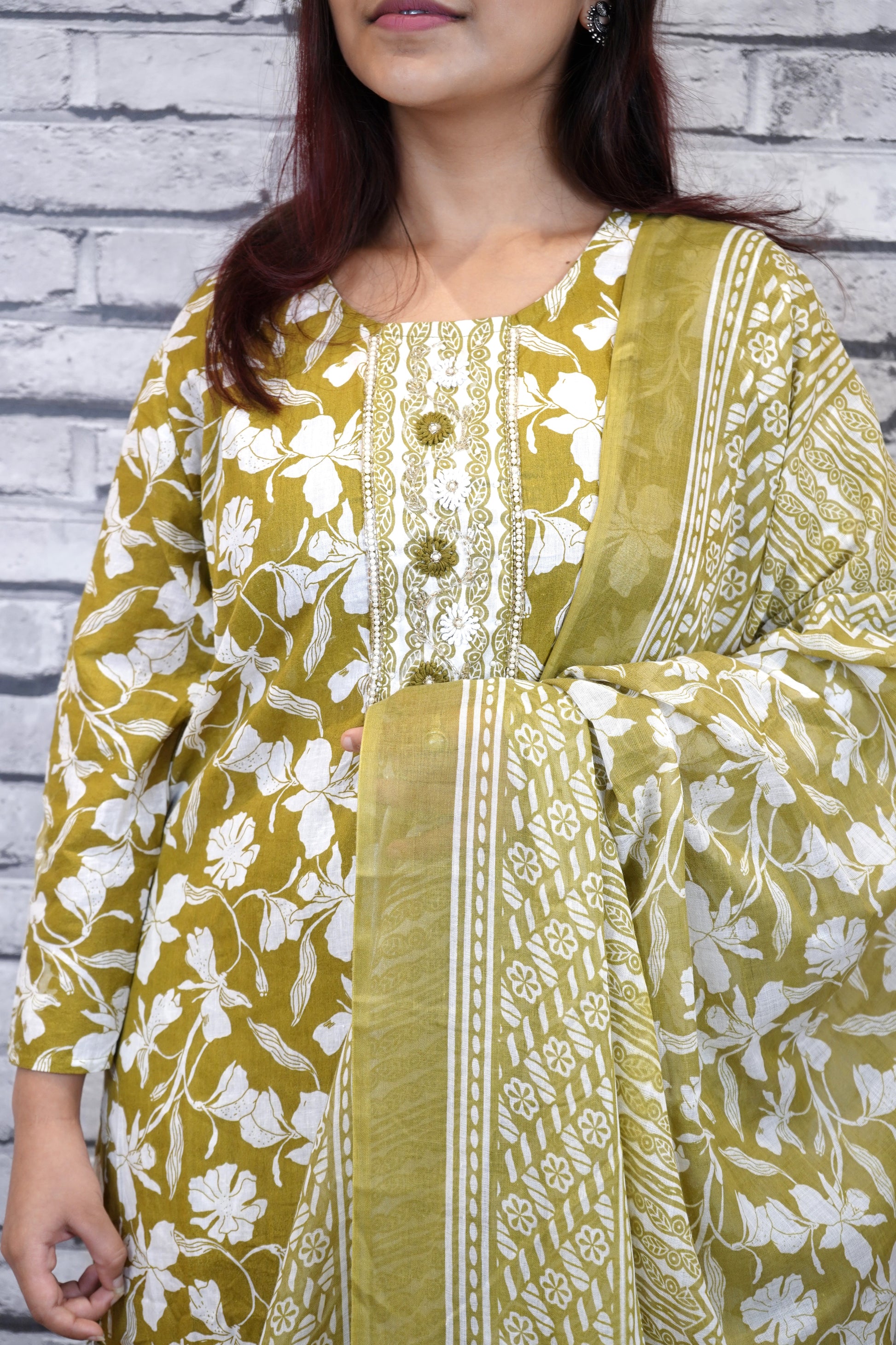 3 Piece Pure Cotton Suit Set with Embroidered Neckline & Dupatta