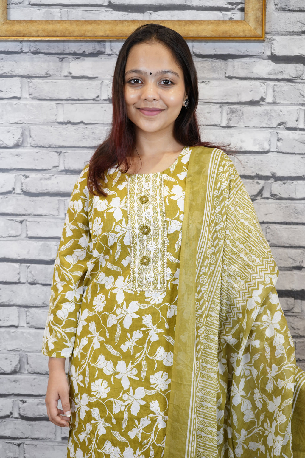 3 Piece Pure Cotton Suit Set with Embroidered Neckline & Dupatta