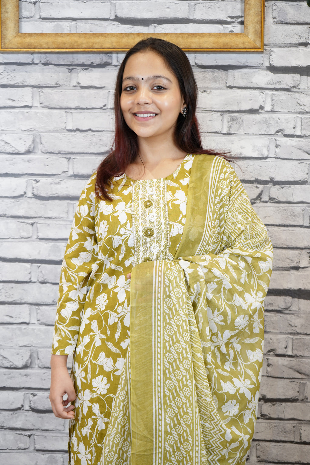 3 Piece Pure Cotton Suit Set with Embroidered Neckline & Dupatta