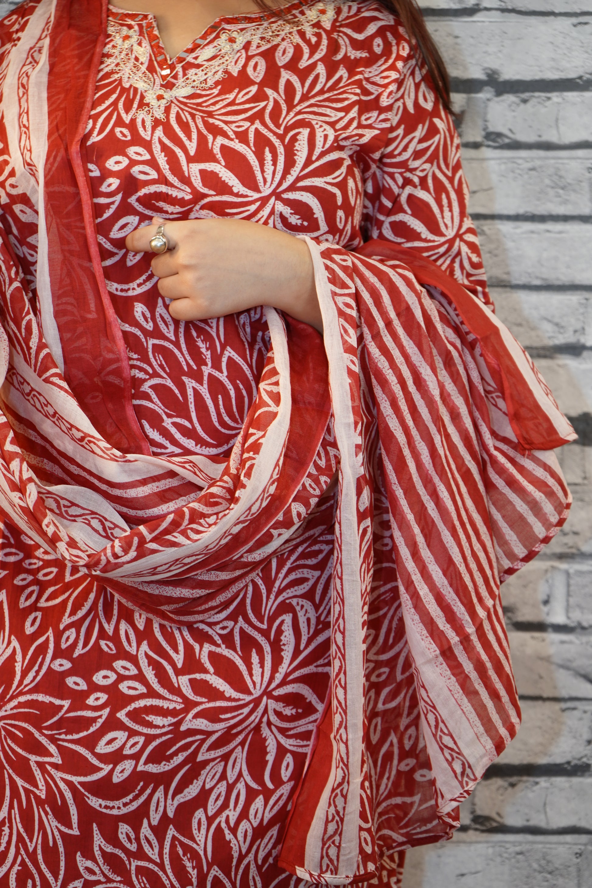 Rust Red Cotton Kurta with White Hand Block Floral Print