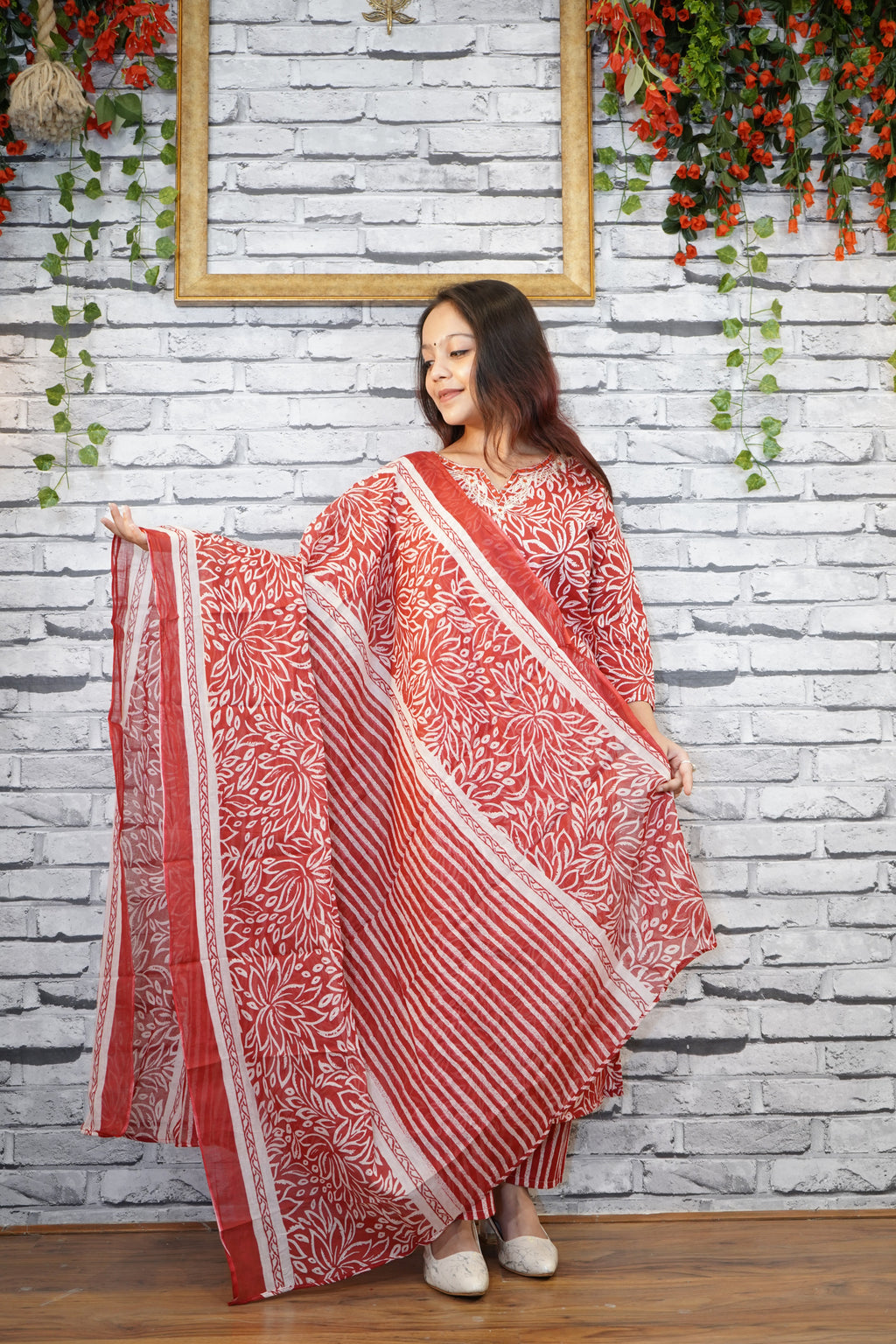 Rust Red Cotton Kurta with White Hand Block Floral Print