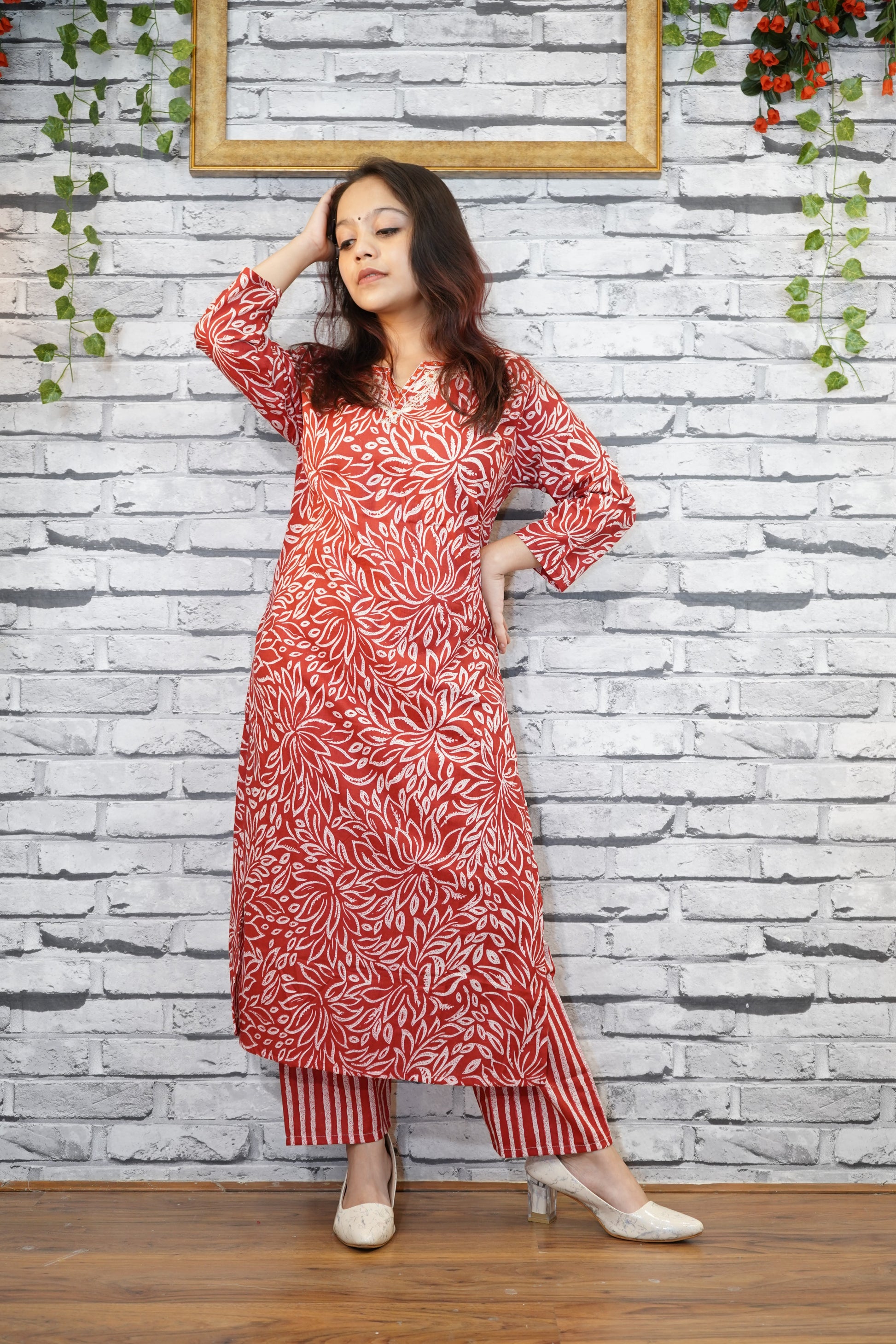 Rust Red Cotton Kurta with White Hand Block Floral Print