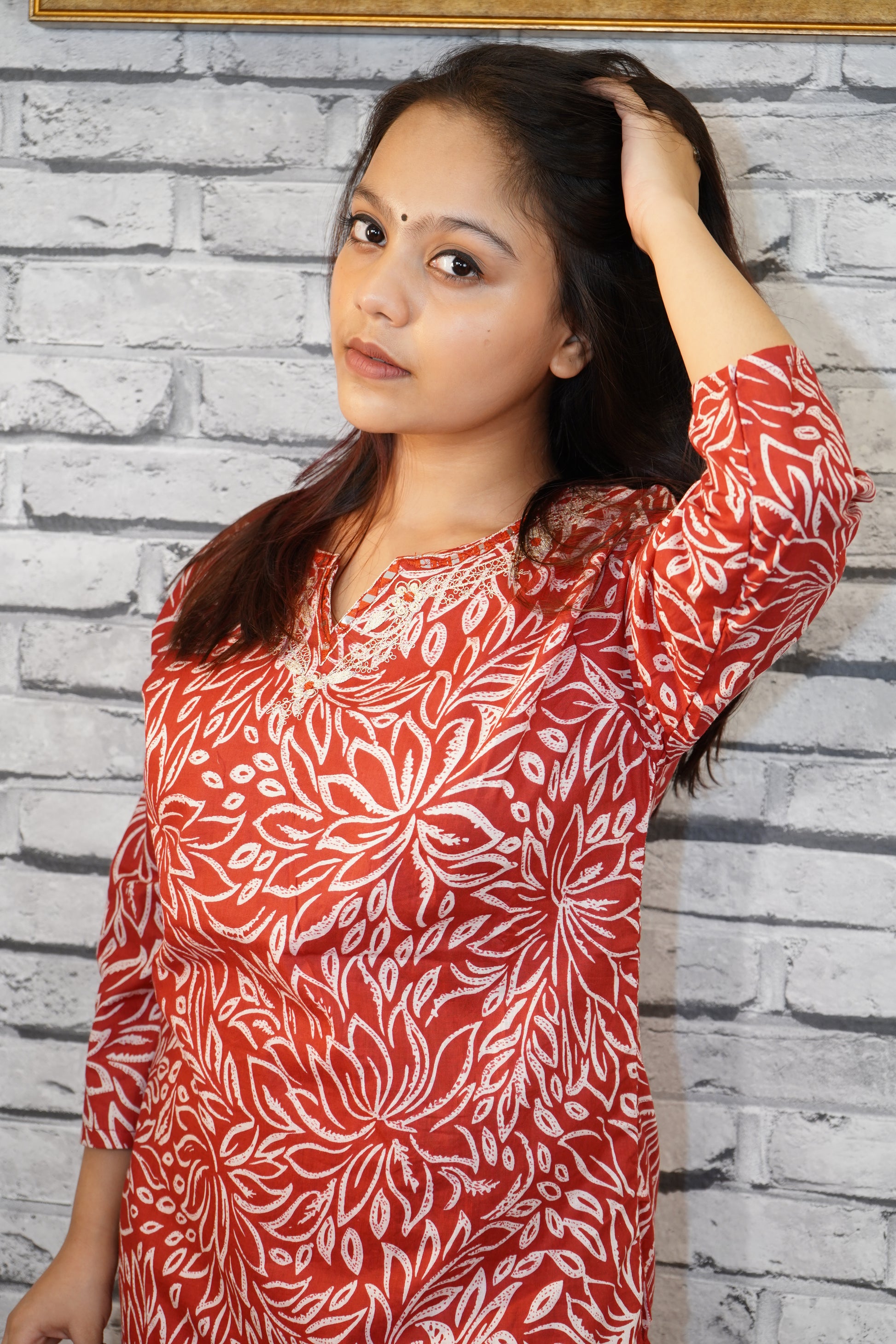 Rust Red Cotton Kurta with White Hand Block Floral Print