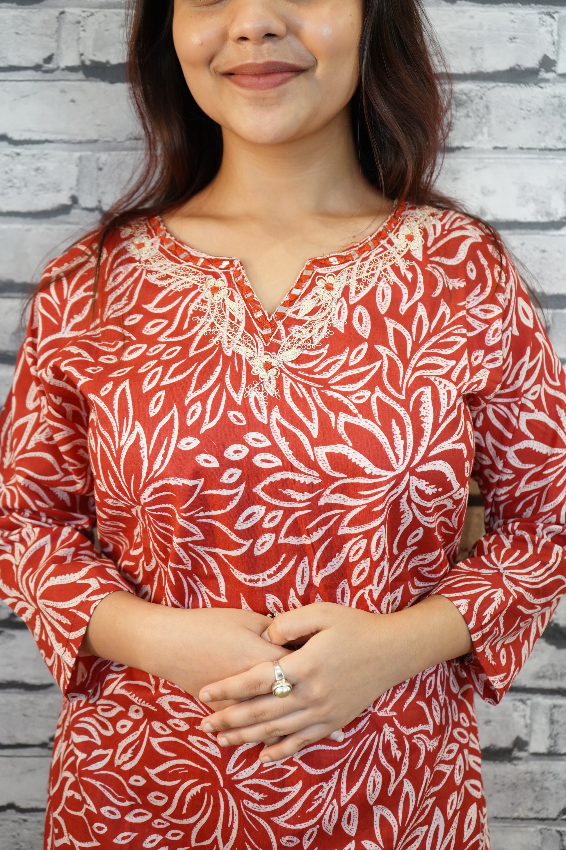 Rust Red Cotton Kurta with White Hand Block Floral Print