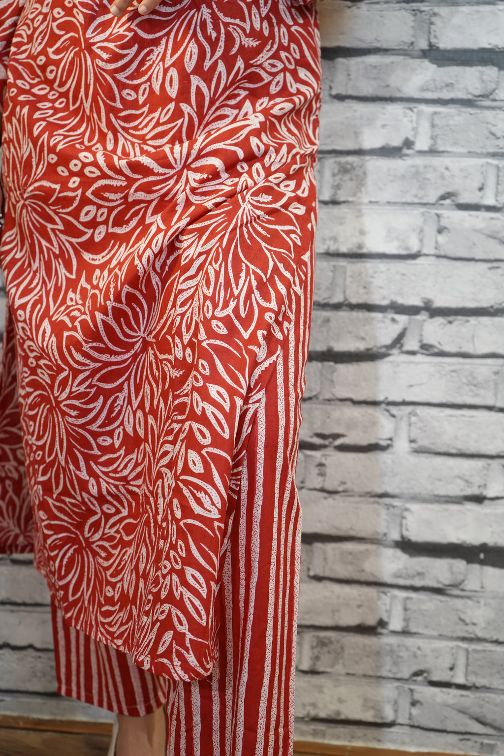 Rust Red Cotton Kurta with White Hand Block Floral Print