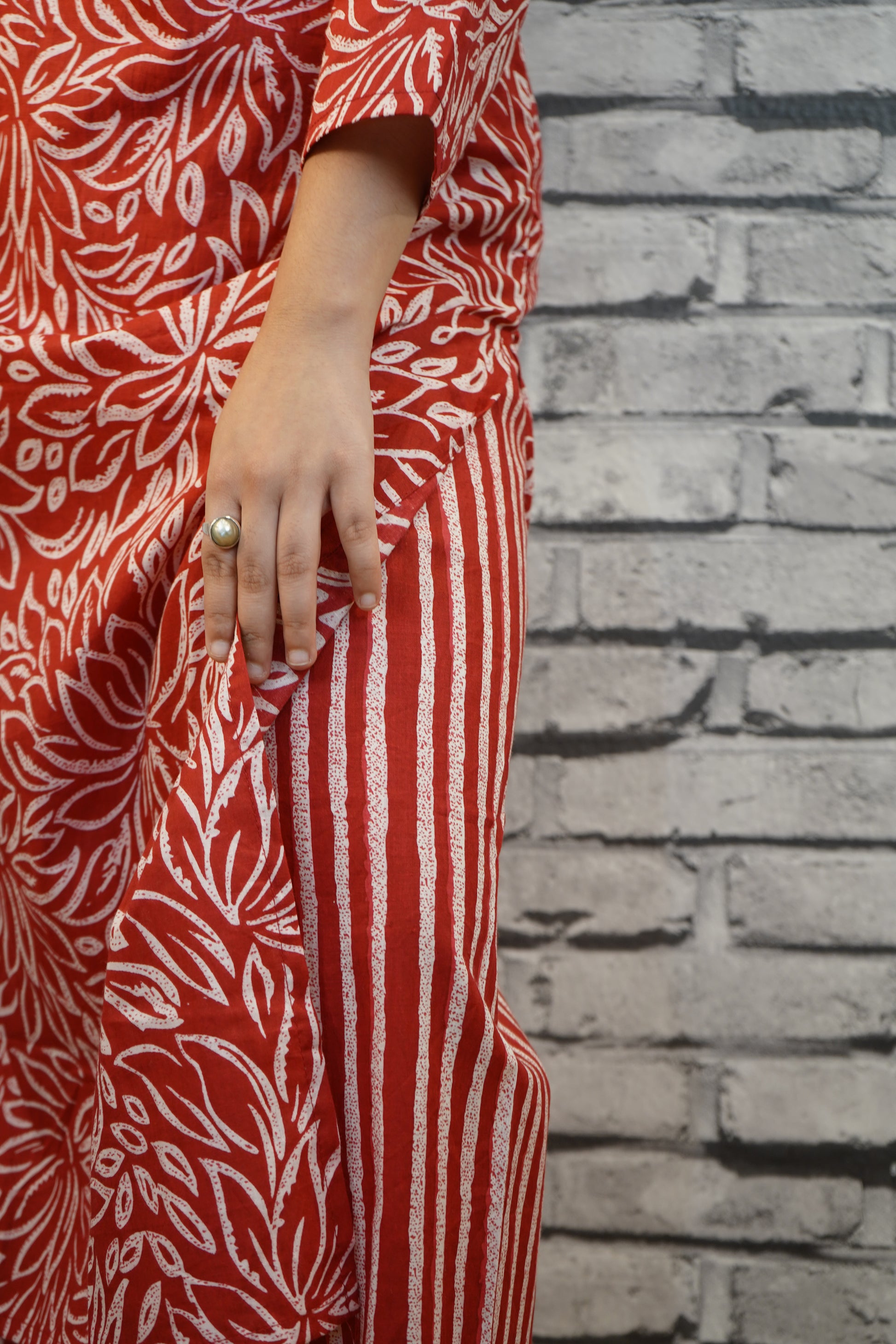 Rust Red Cotton Kurta with White Hand Block Floral Print