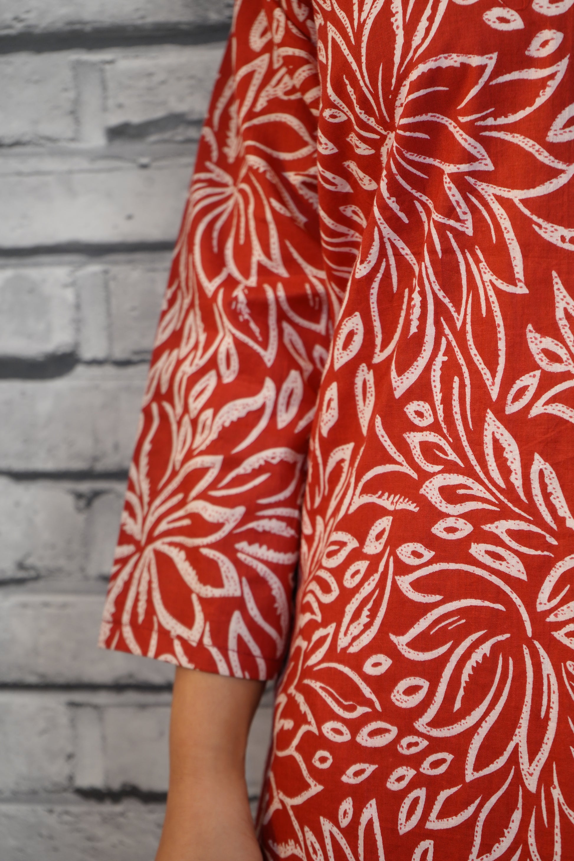 Rust Red Cotton Kurta with White Hand Block Floral Print